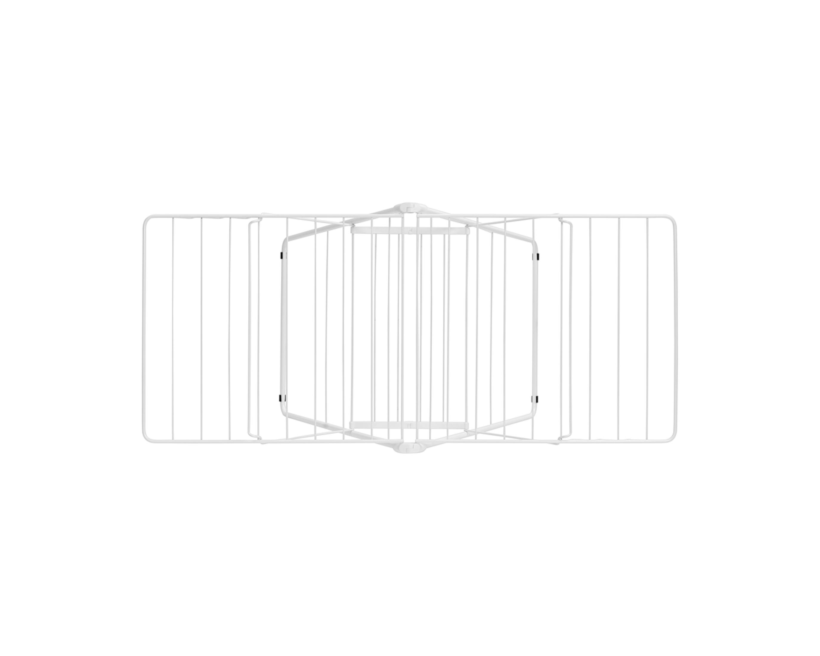 A white wire clothes drying rack with multiple bars is shown on a white background.
