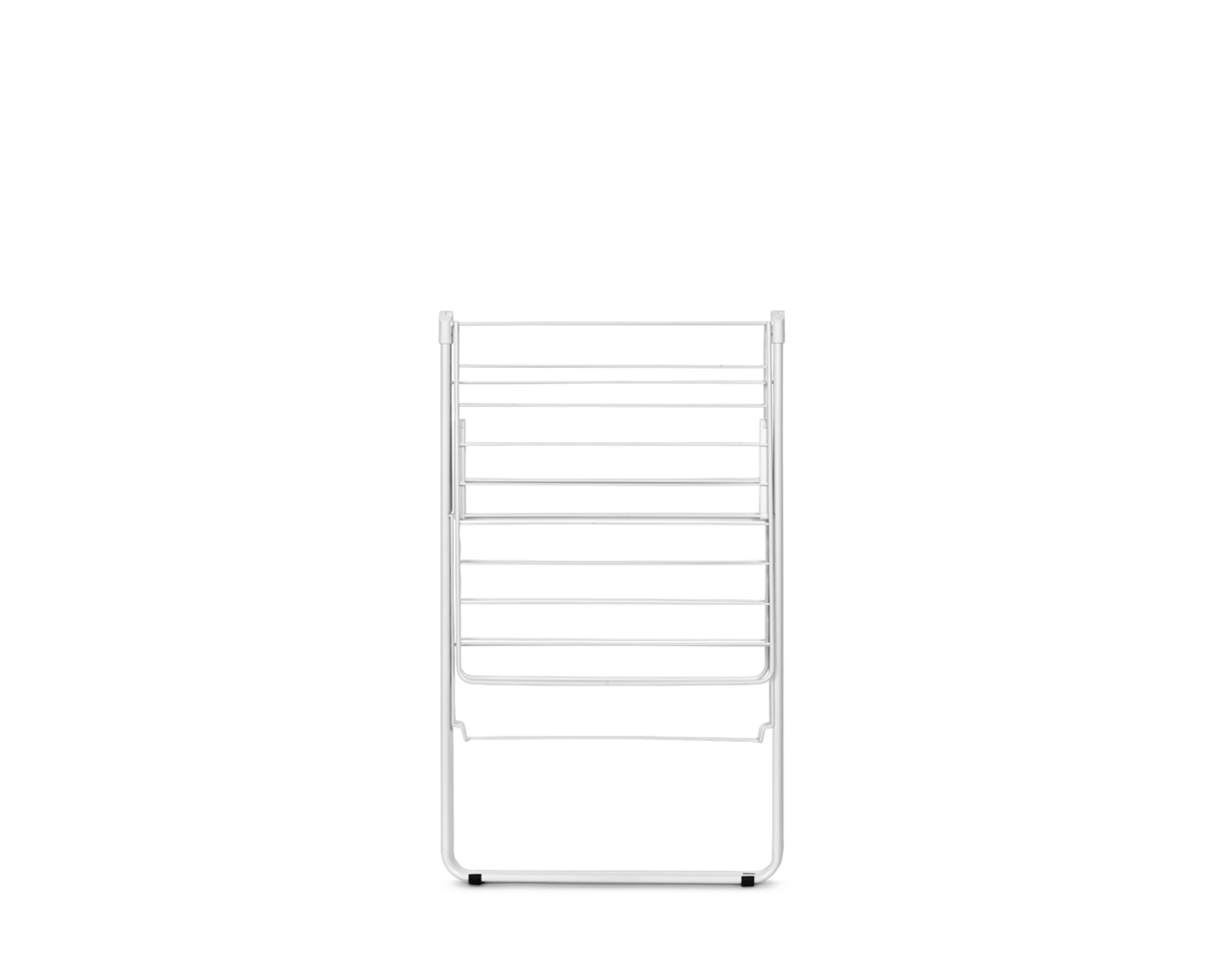 A white, multi-tiered drying rack stands against a white background.