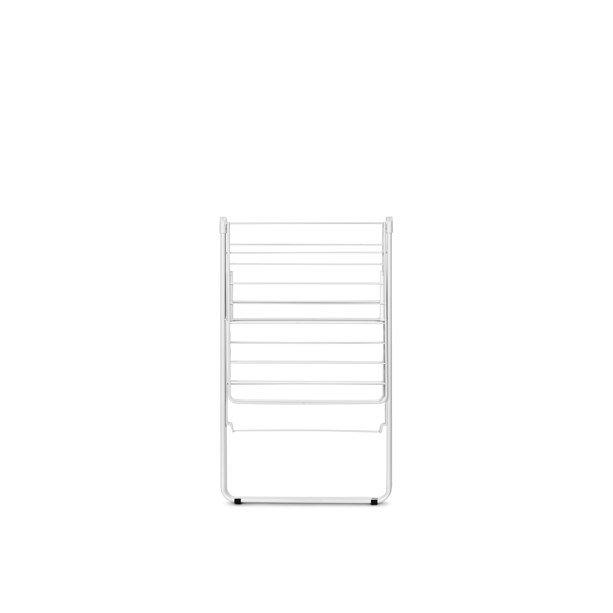 A white laundry drying rack with multiple tiers and horizontal bars.