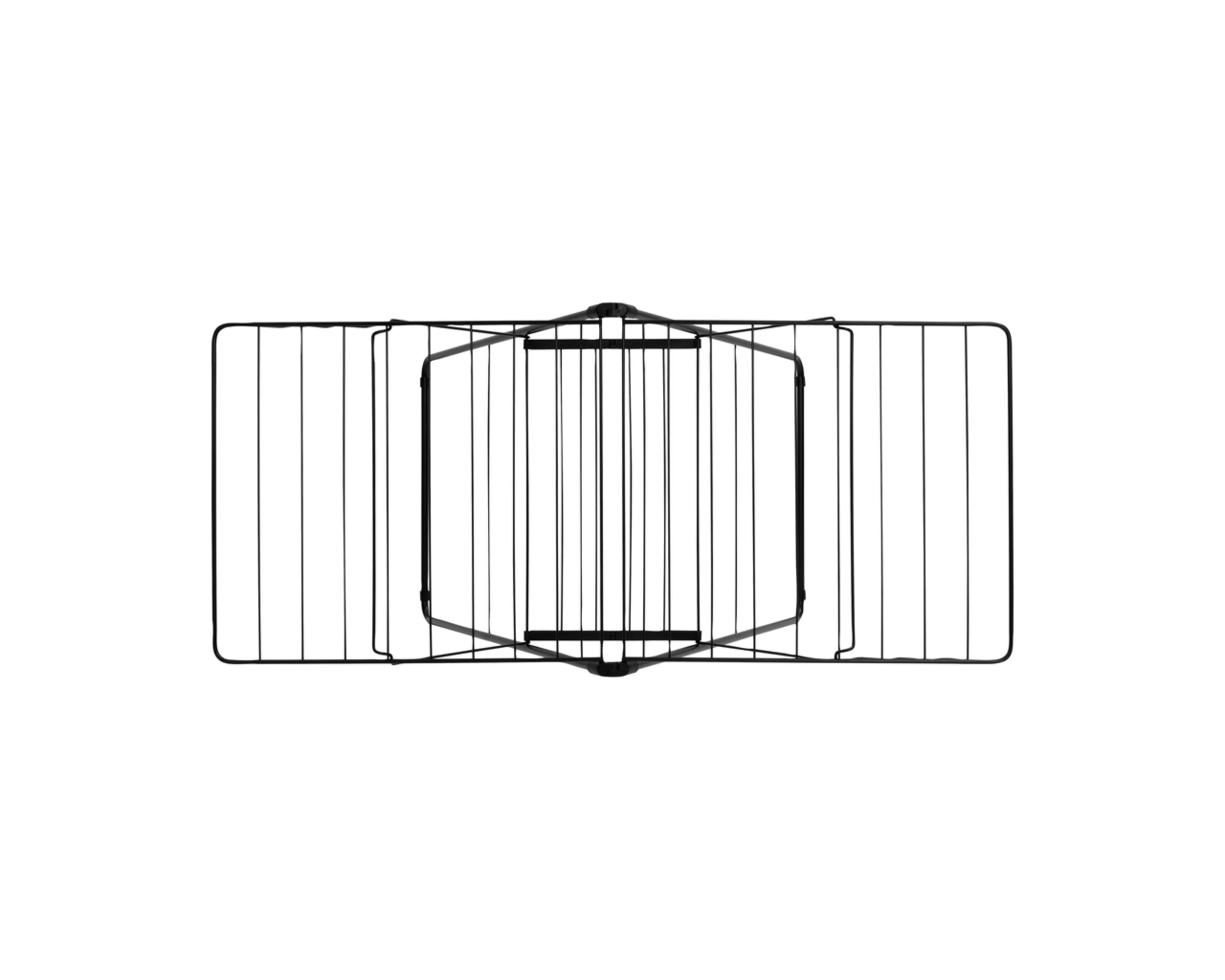 A black, collapsible metal drying rack against a white background.