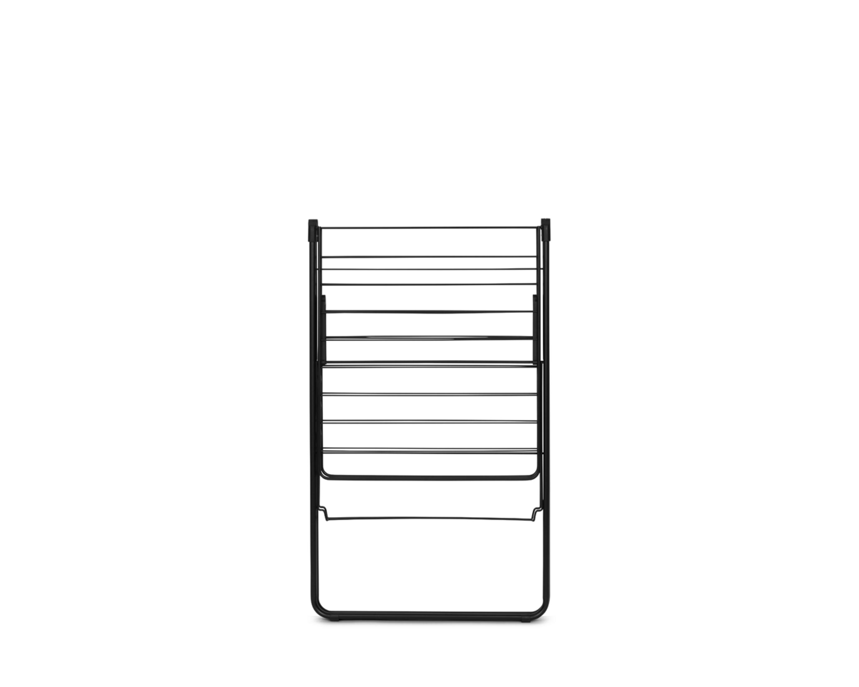 A black, multi-tiered drying rack against a white background.