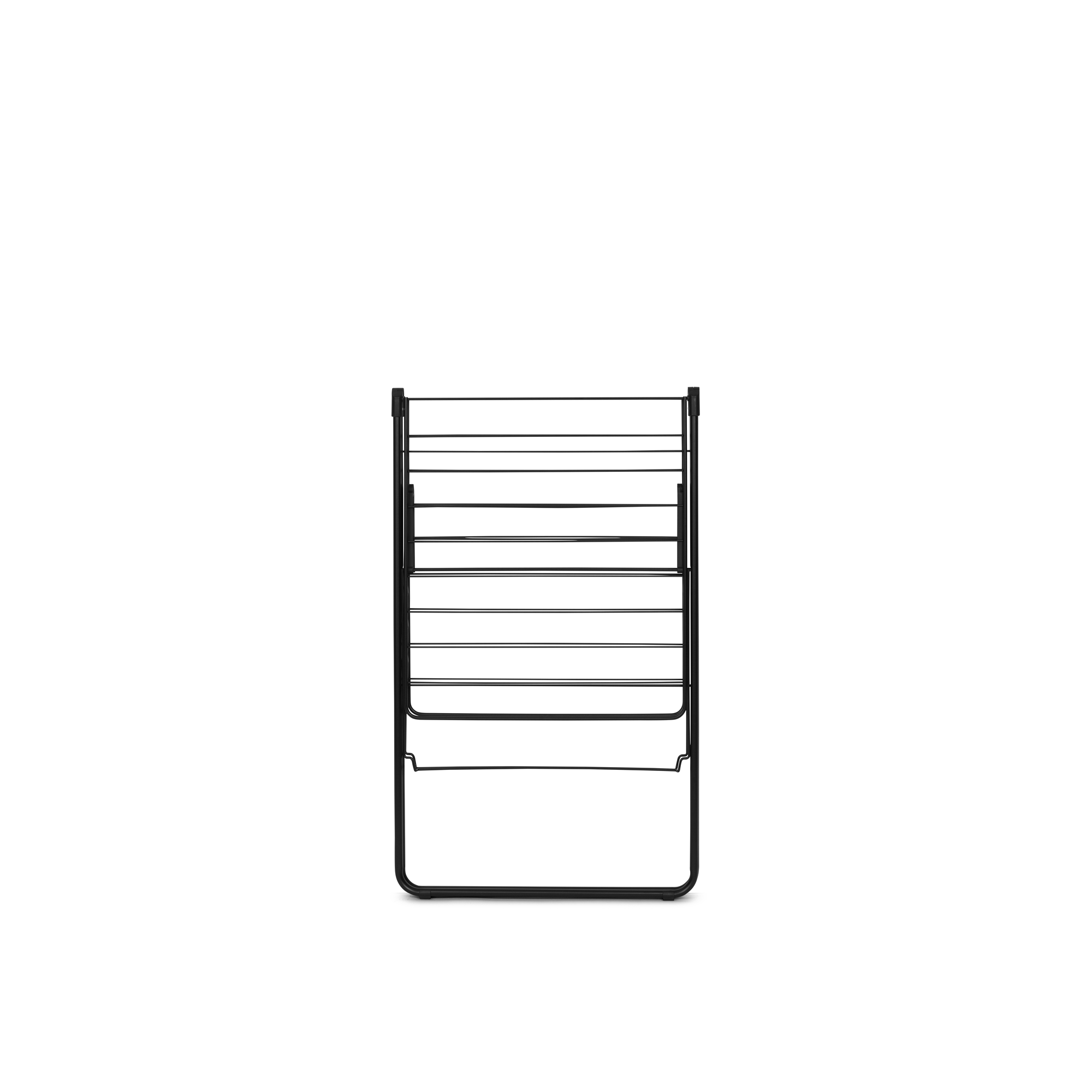A black, multi-tiered drying rack shown against a white background.