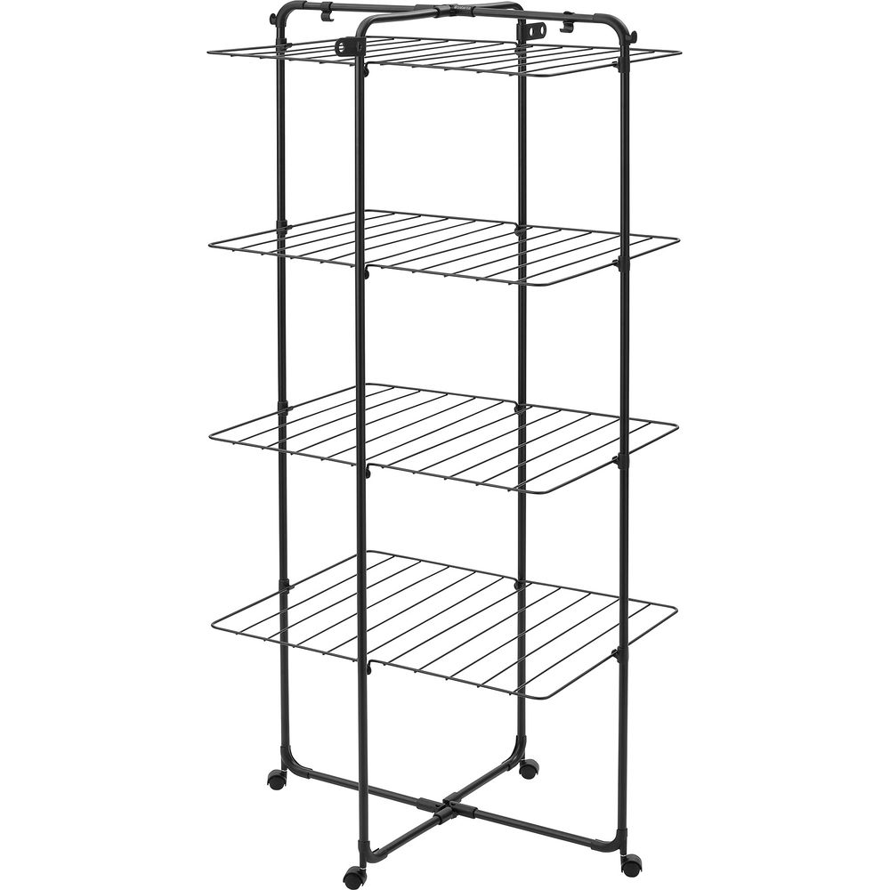 Een zwart, meerlaags droogrek met wielen en meerdere planken.