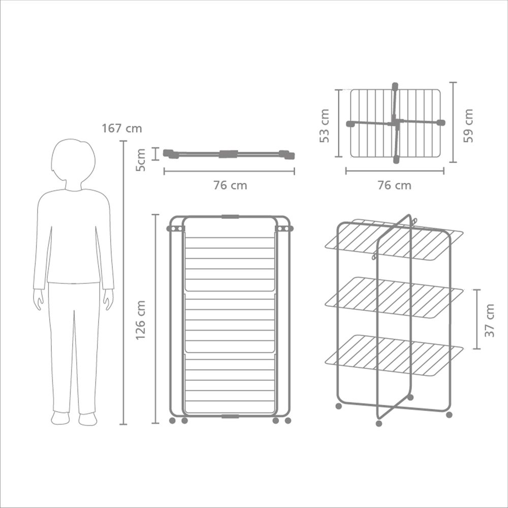 Diagram toont een wasrek in verschillende aanzichten met afmetingen.