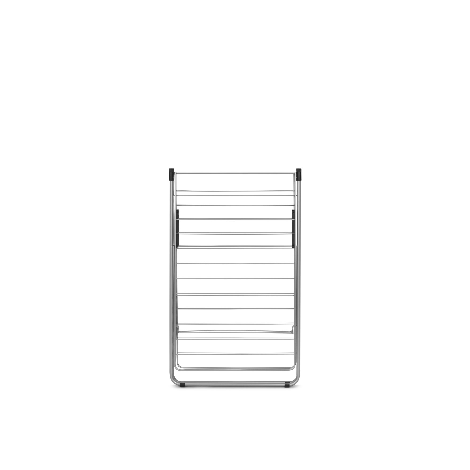 A silver drying rack with multiple horizontal bars stands on a white background.