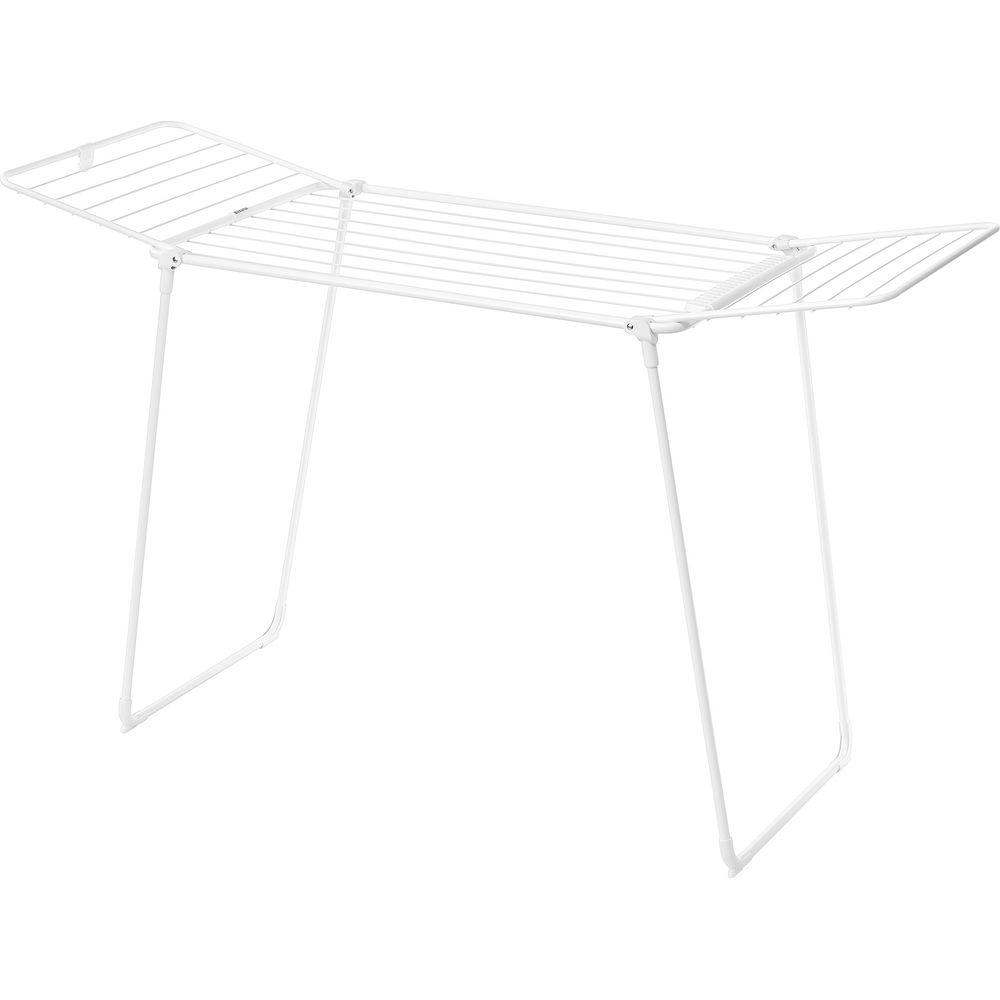 A white laundry drying rack on a white background.