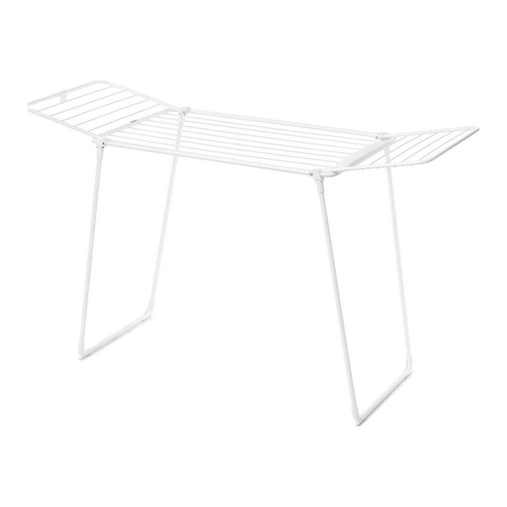 A white metal clothes drying rack on a white background.