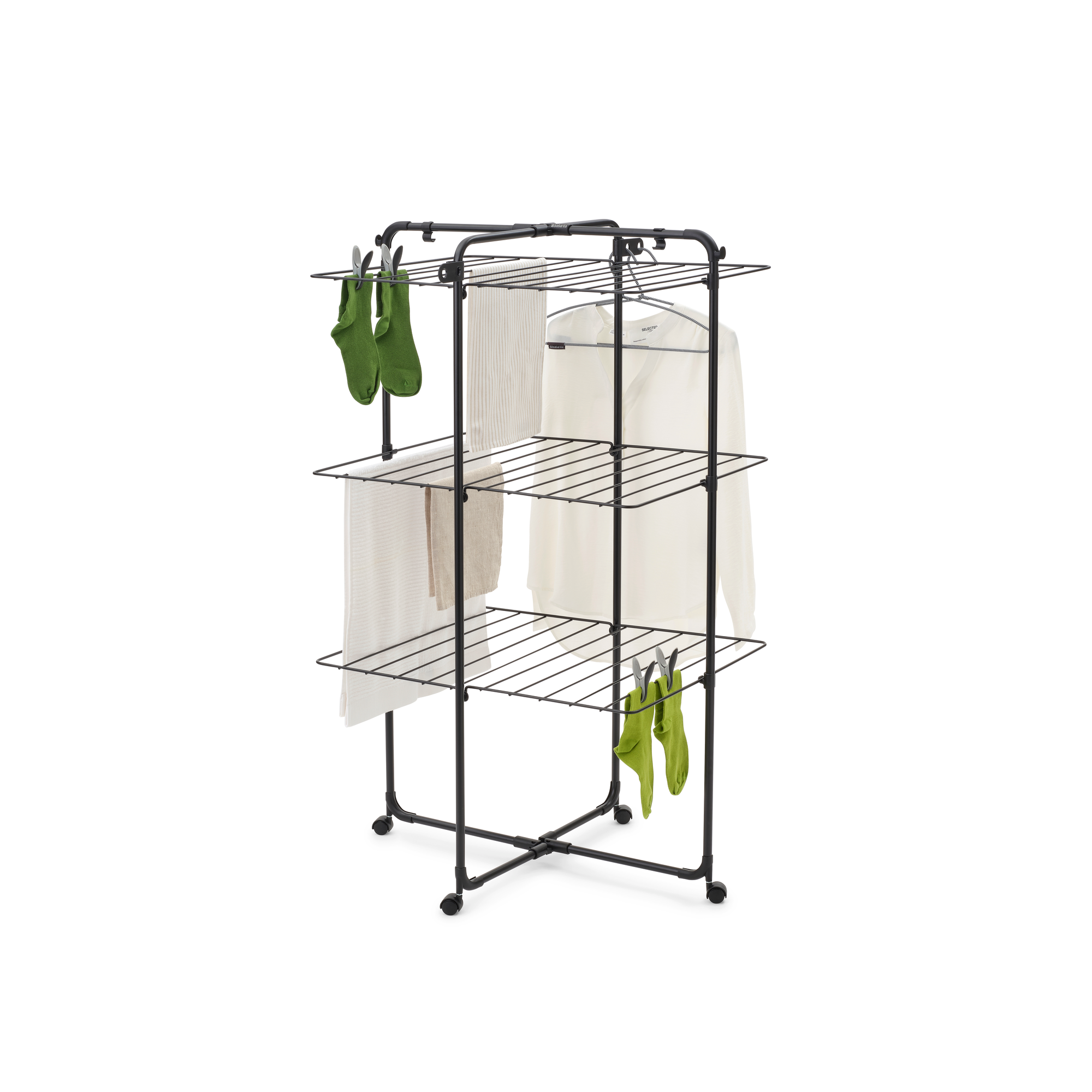 Black clothes drying rack with garments and socks.