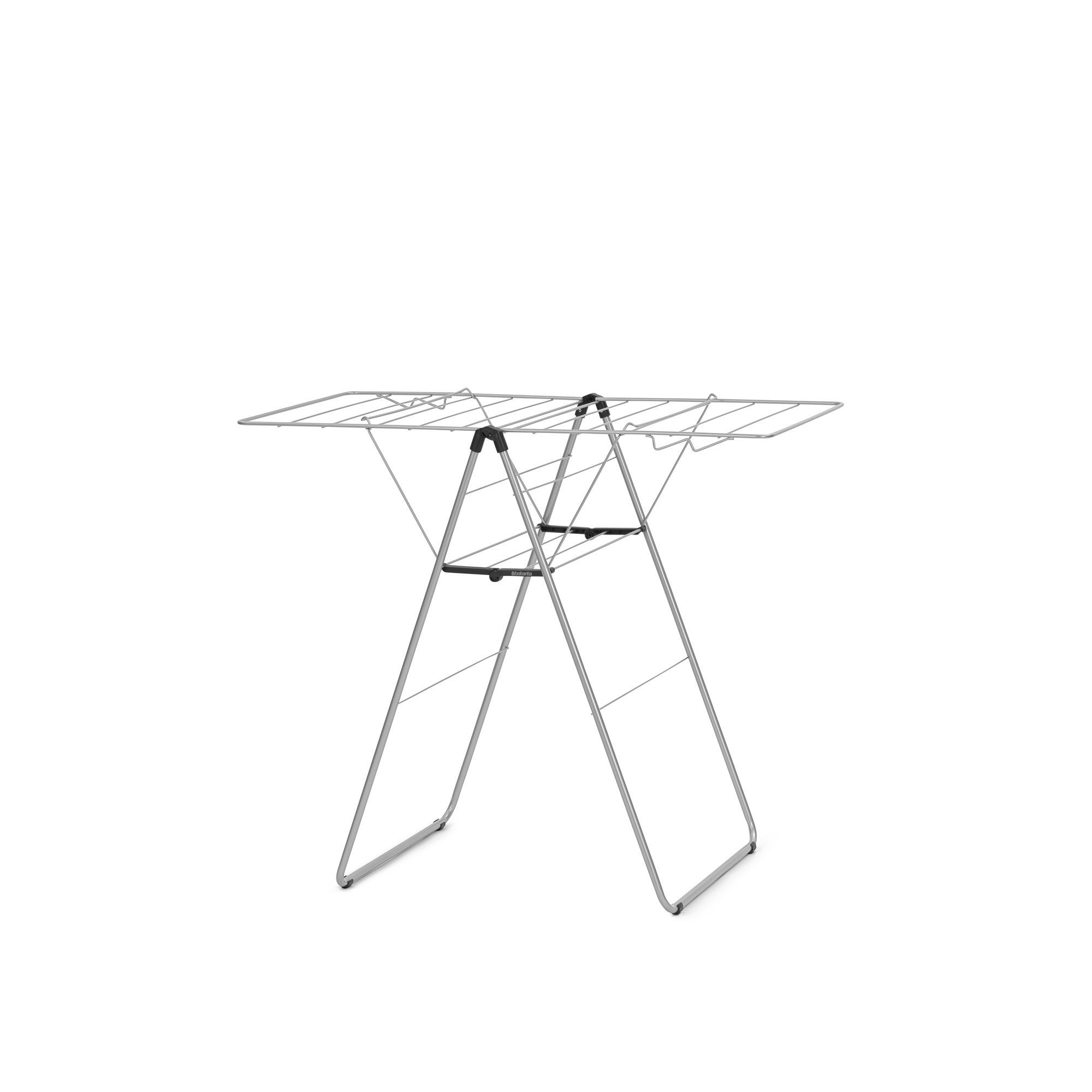 A silver clothes drying rack with fold-out wings, on a white background.