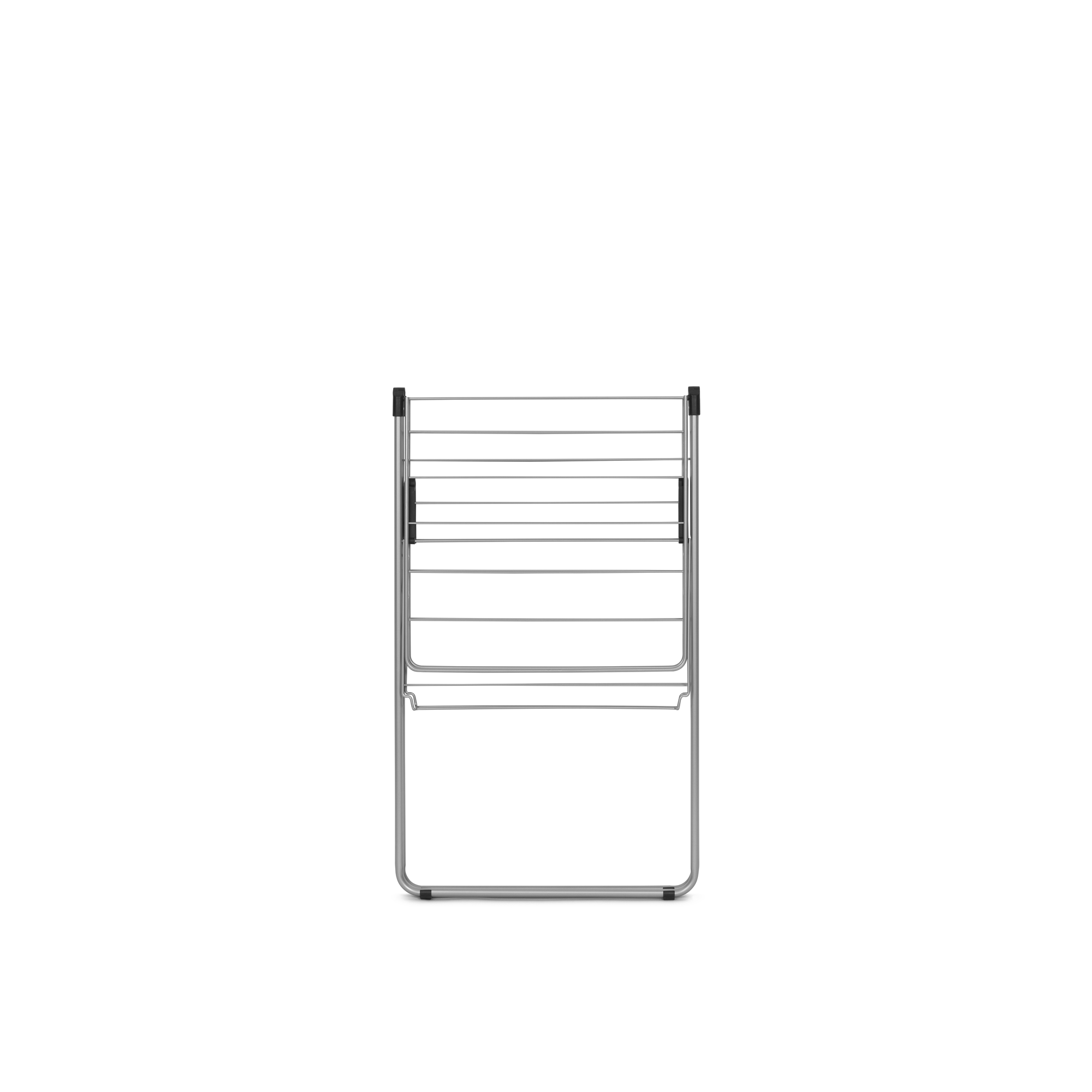 A silver drying rack with multiple rungs against a white background.