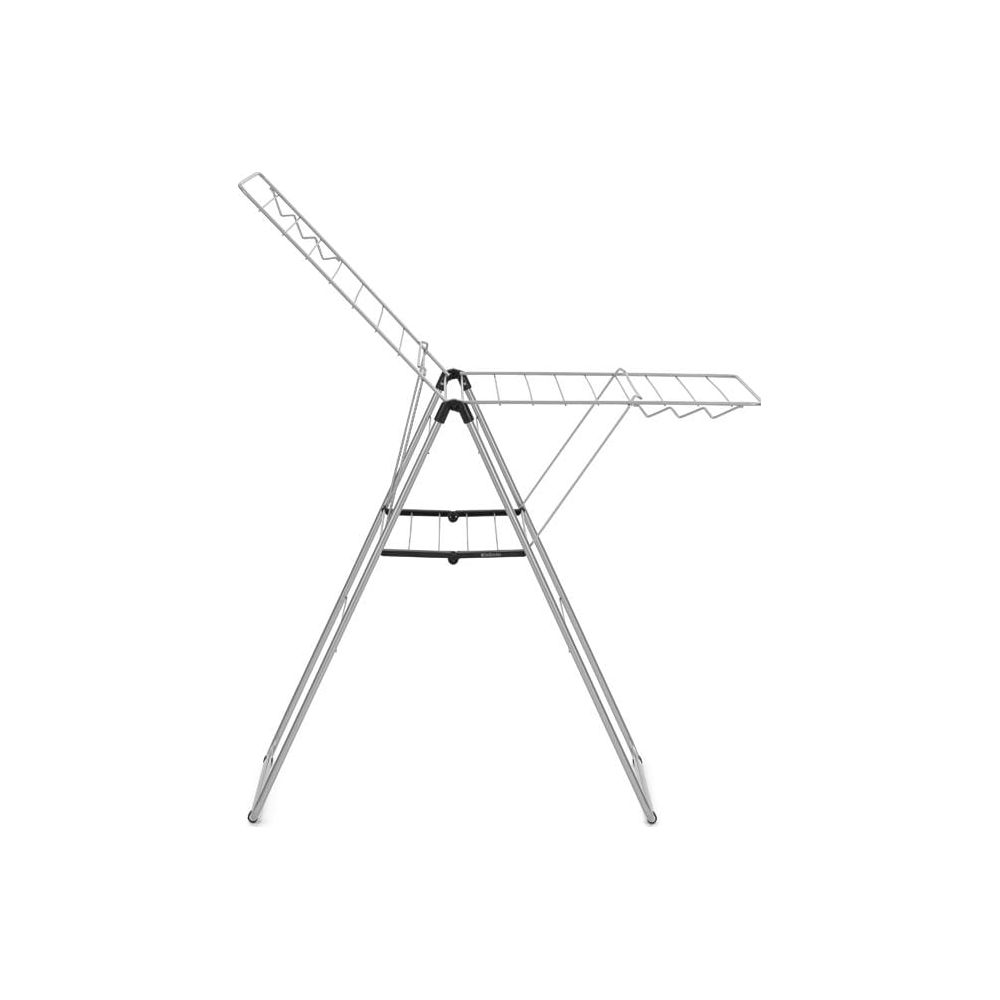A silver foldable drying rack with multiple bars and wings is shown against a white background.