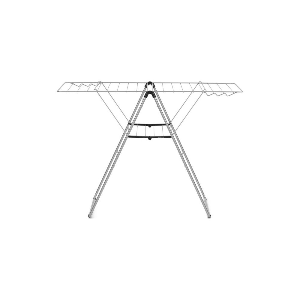 A silver clothes drying rack with fold-out wings and an A-frame structure.