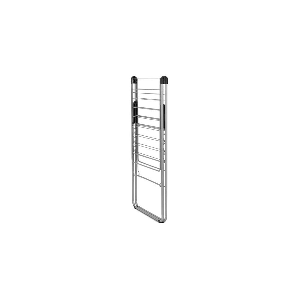 A foldable metal drying rack against a white background.