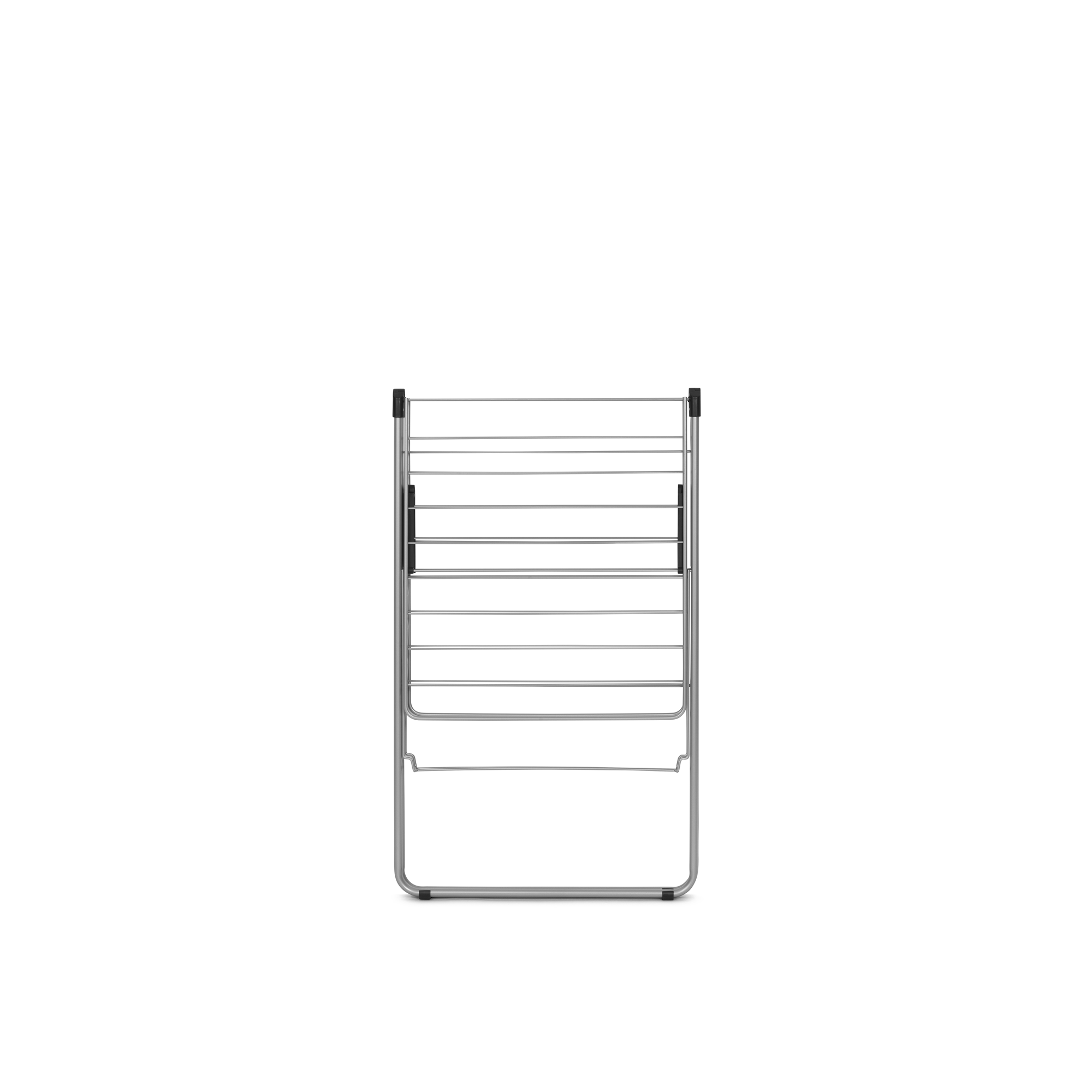 A silver, multi-level drying rack against a white background.