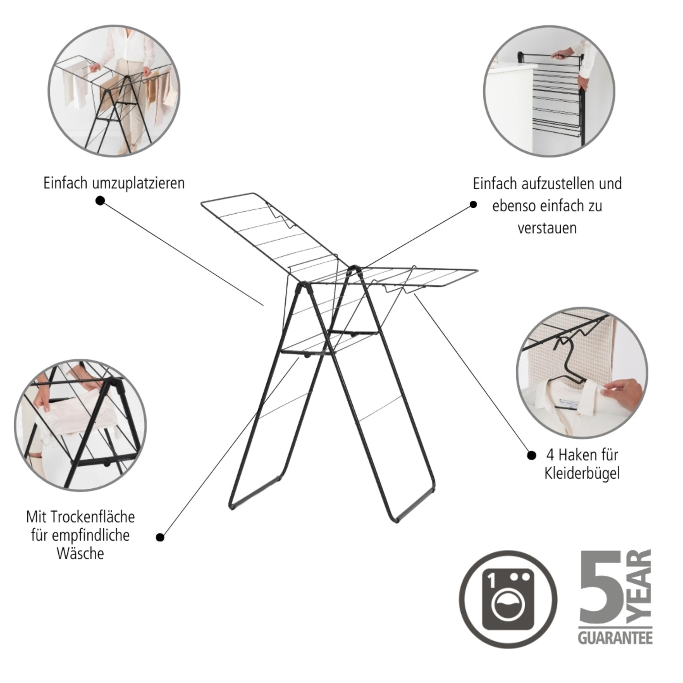 A modern metal drying rack with multiple levels and hooks.
