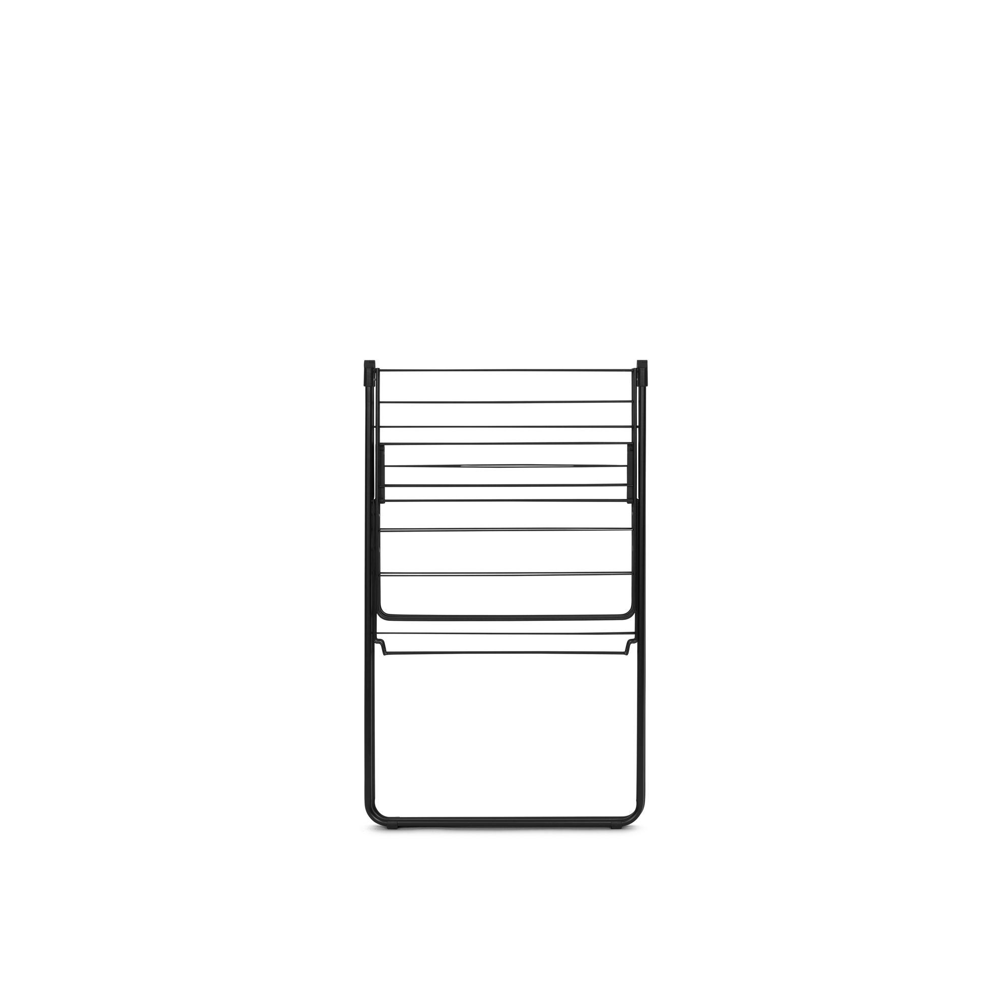 A black, multi-tiered clothes drying rack against a white background.