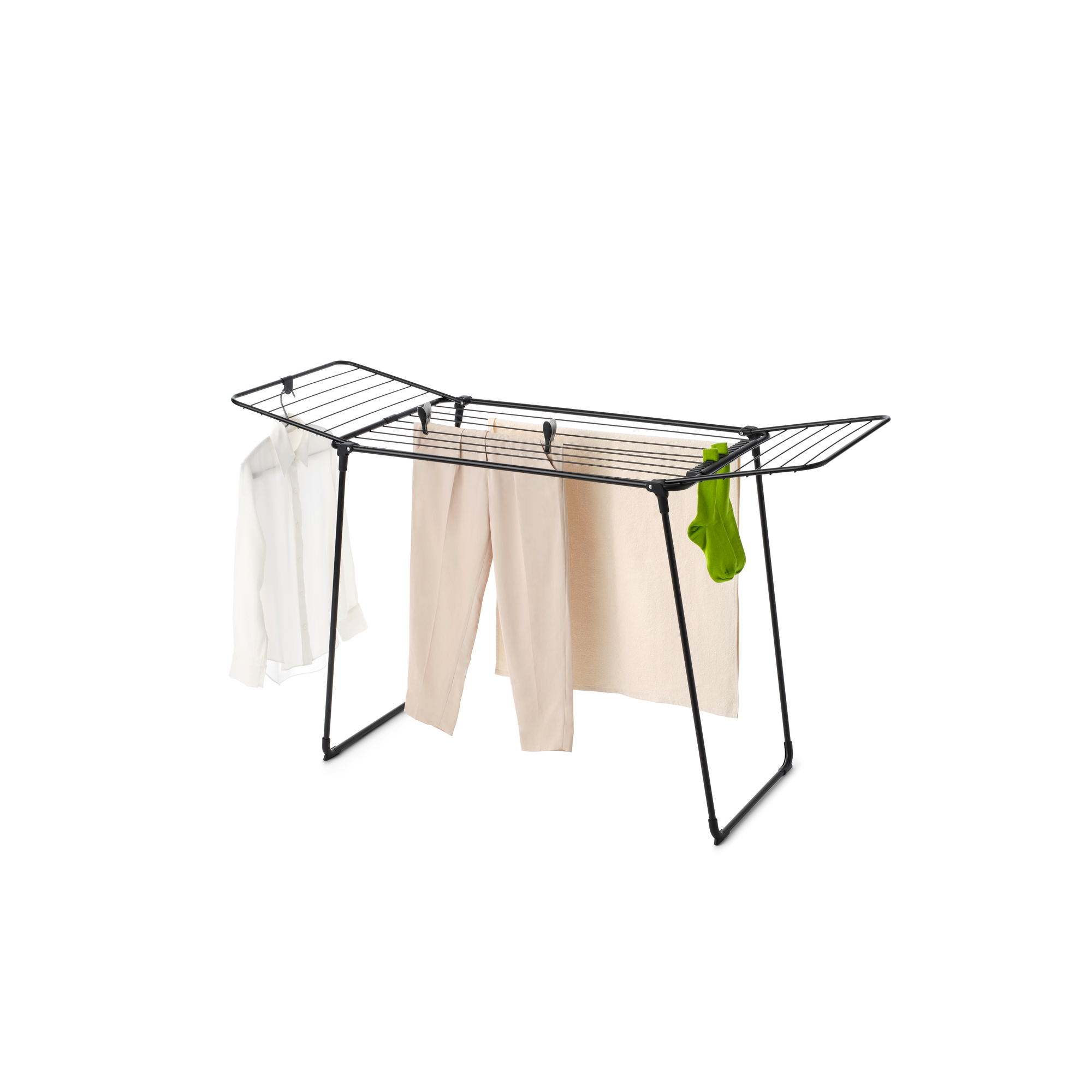 A black drying rack with clothes: shirt, pants, cloth, and sock.