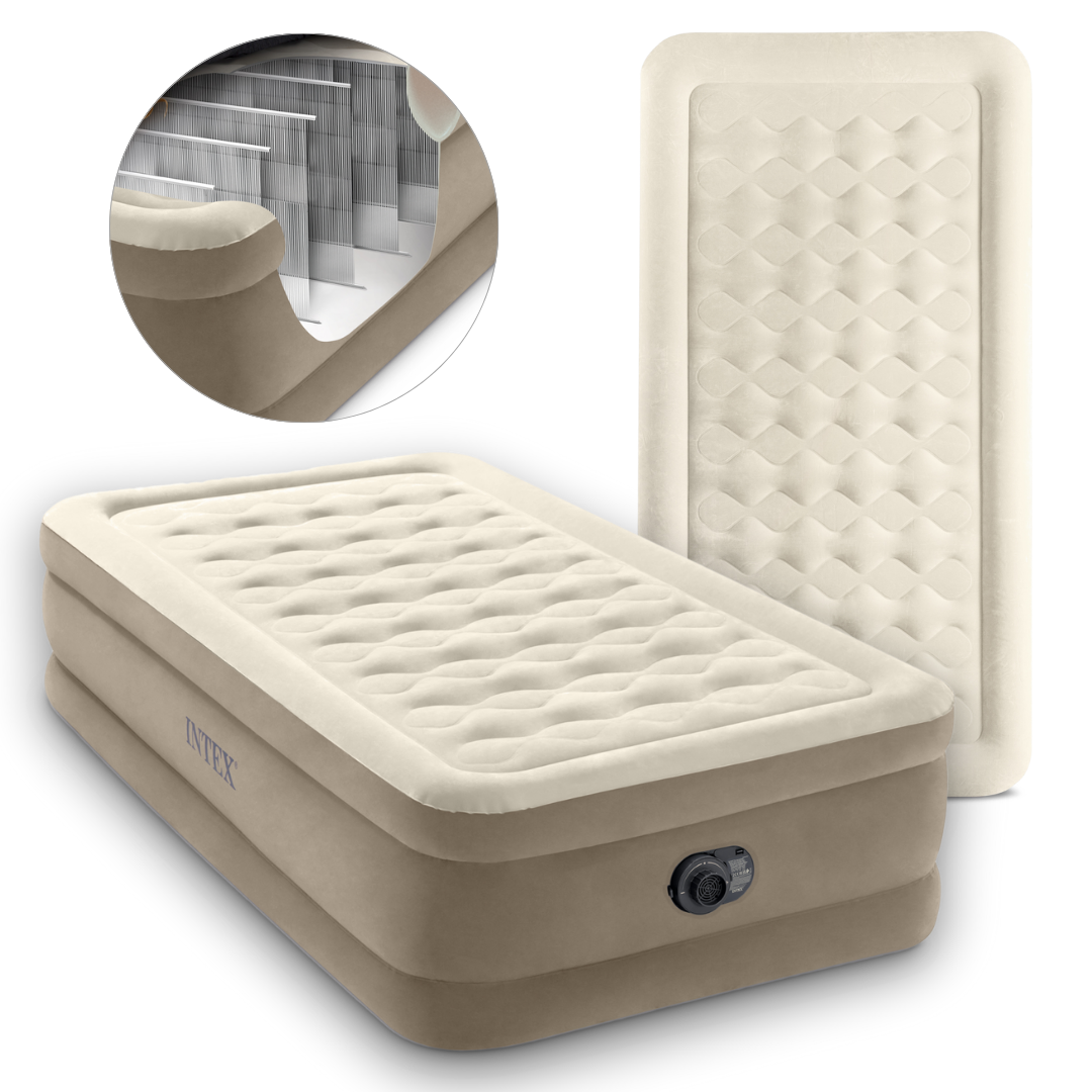 Aufblasbares Bett mit Luftpumpenanschluss und Detailansicht.
