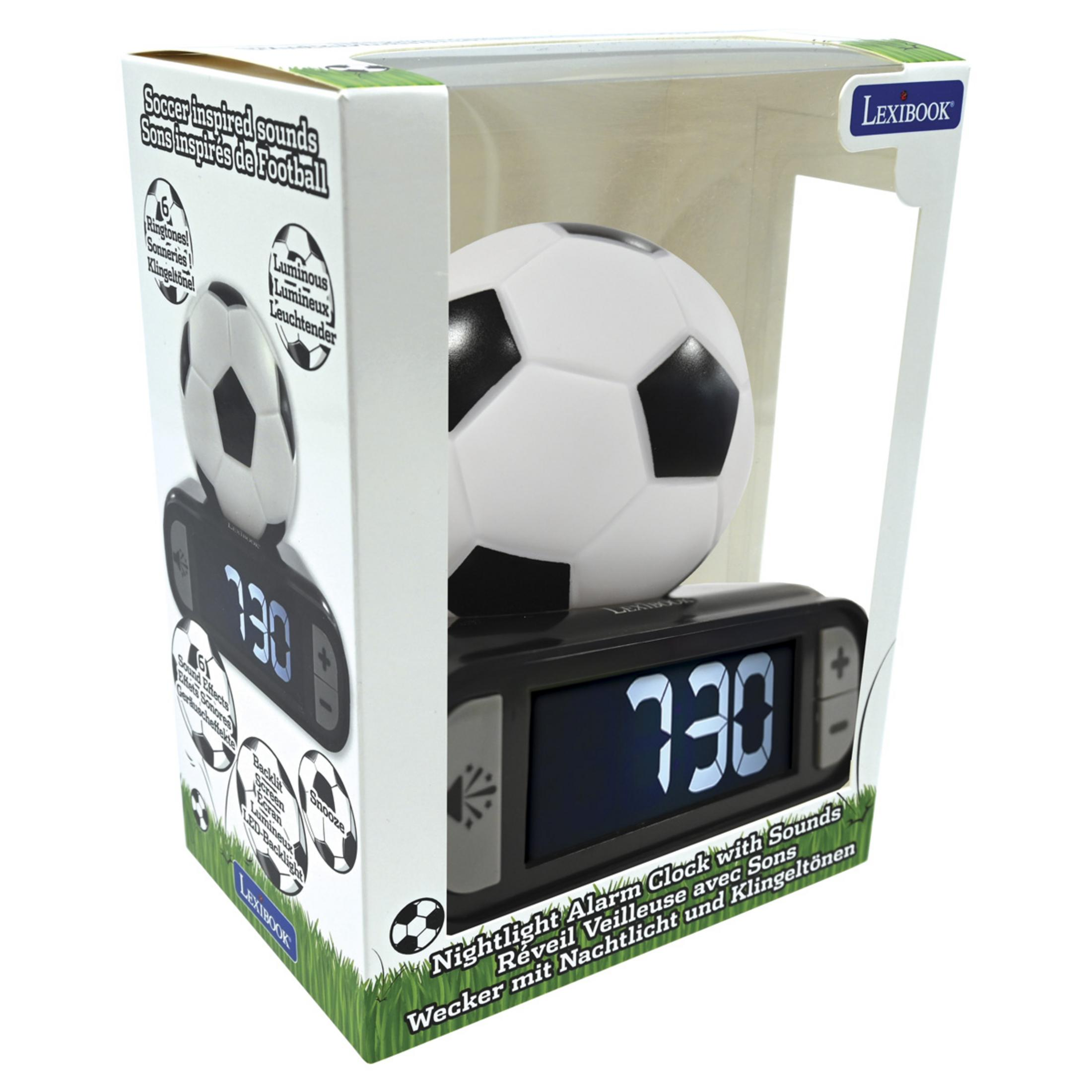 Un despertador Lexibook de balón de fútbol con pantalla digital que muestra las 7:30.