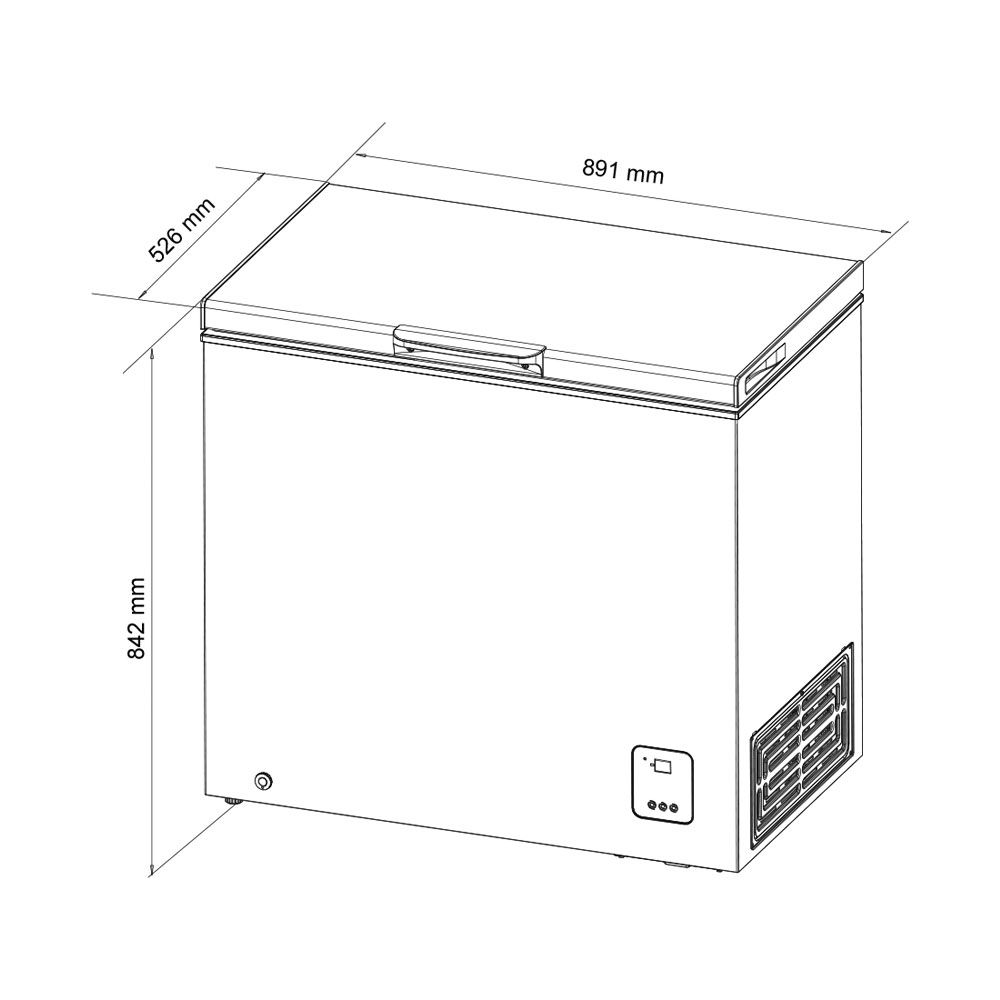 Disegno tecnico di un congelatore a pozzetto con dimensioni: 891mm larghezza, 526mm profondità, 842mm altezza.