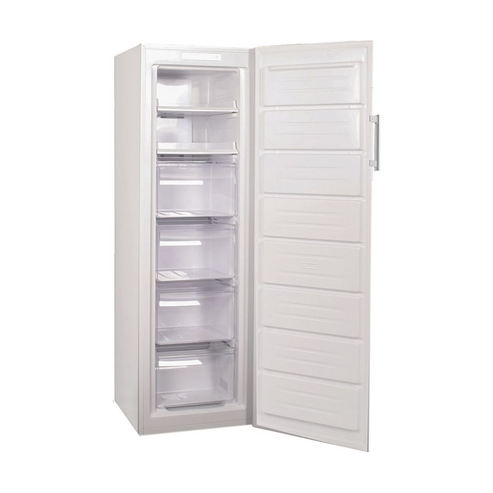 Un congelatore verticale bianco aperto con ripiani e cassetti all'interno, e cassetti sulla porta.