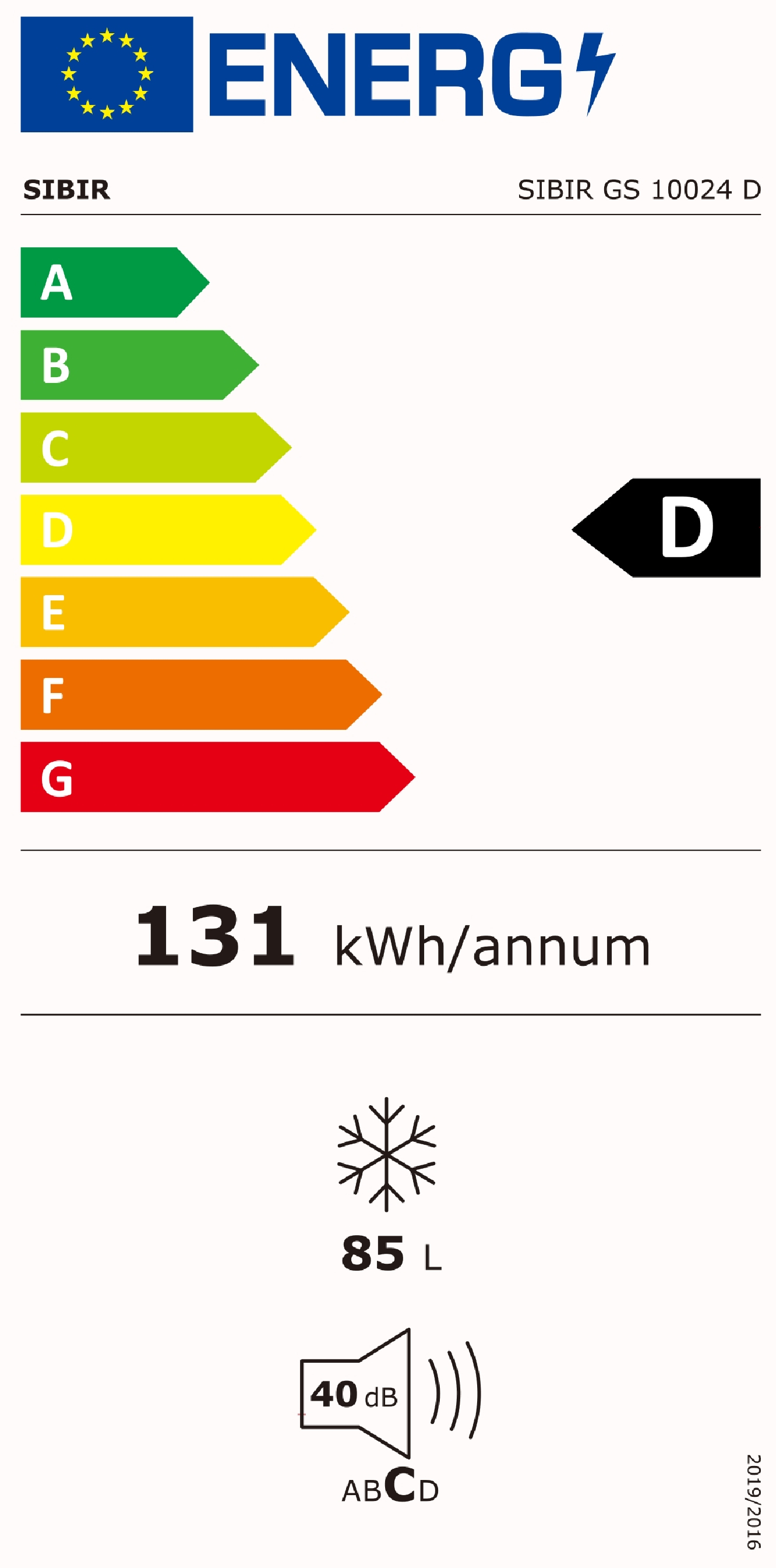 Classe di efficienza energetica D per SIBIR GS 10024 D, 131 kWh/anno, 85 L, 40 dB.
