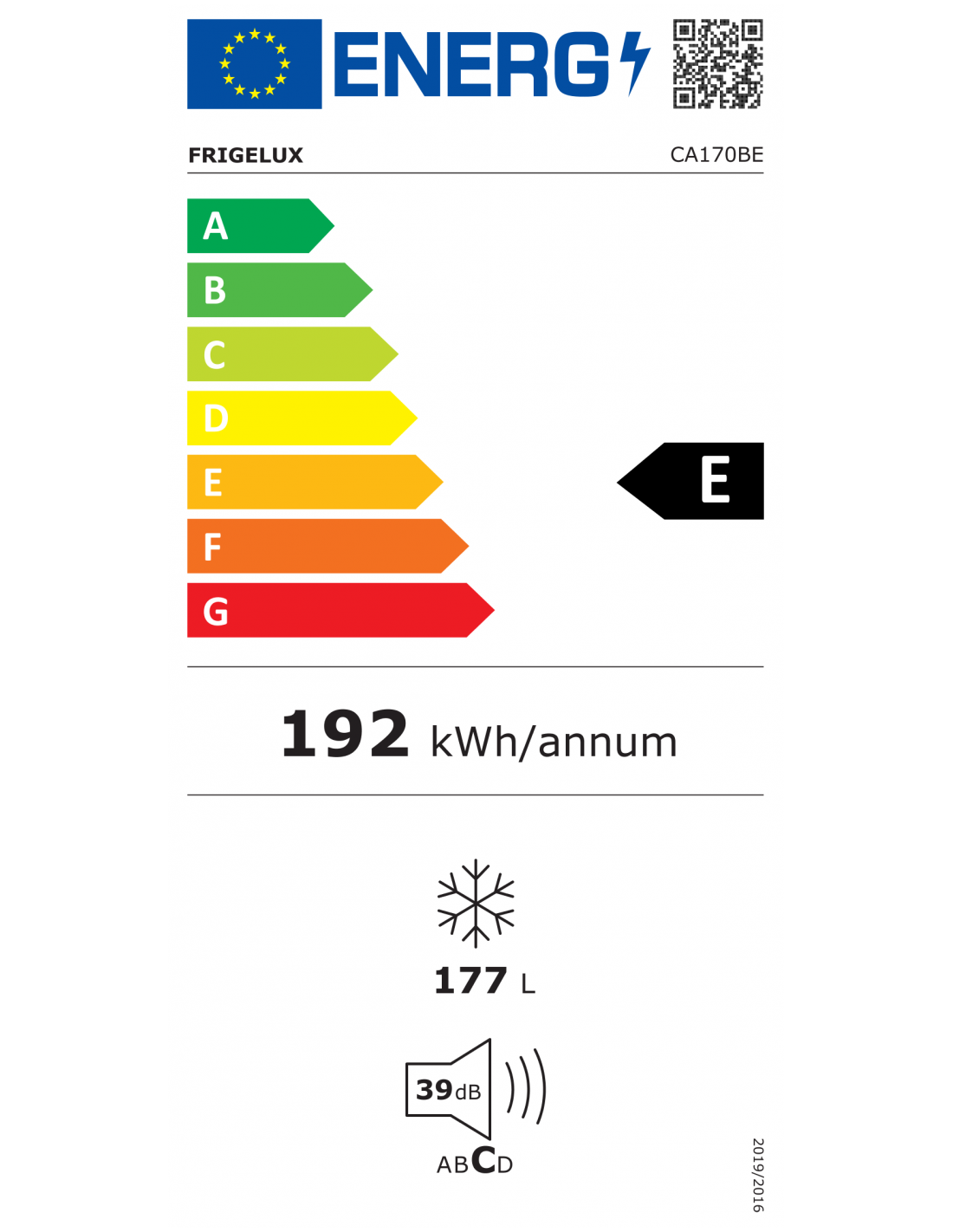 Energielabel: FrigeluX, Klasse E, 192 kWh/Jahr, 177L, 39dB.
