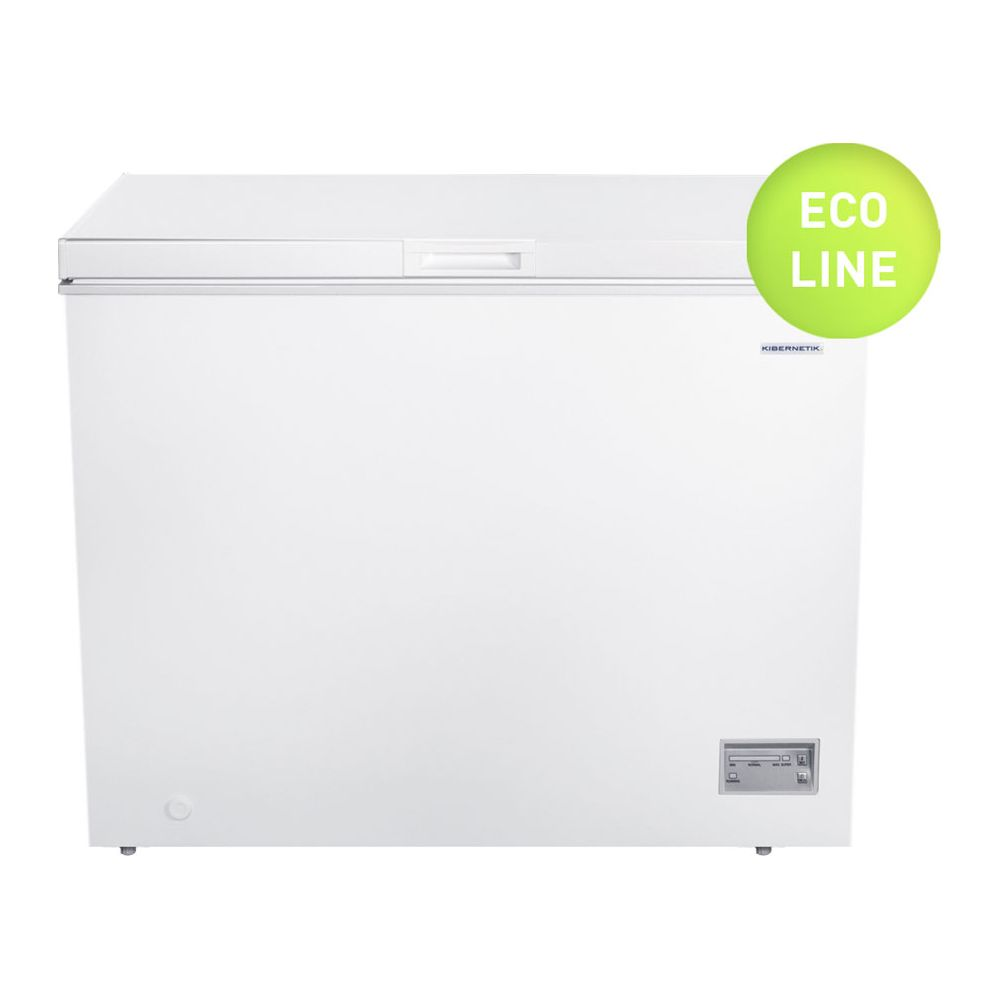 Eine weiße Truhe mit "Eco Line"-Aufkleber und digitalem Display.