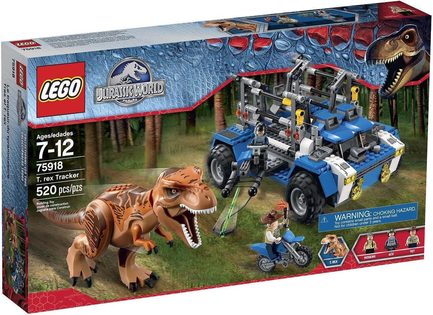 LEGO Jurassic World T. rex Tracker seti dinozor, araç ve figürler içerir.