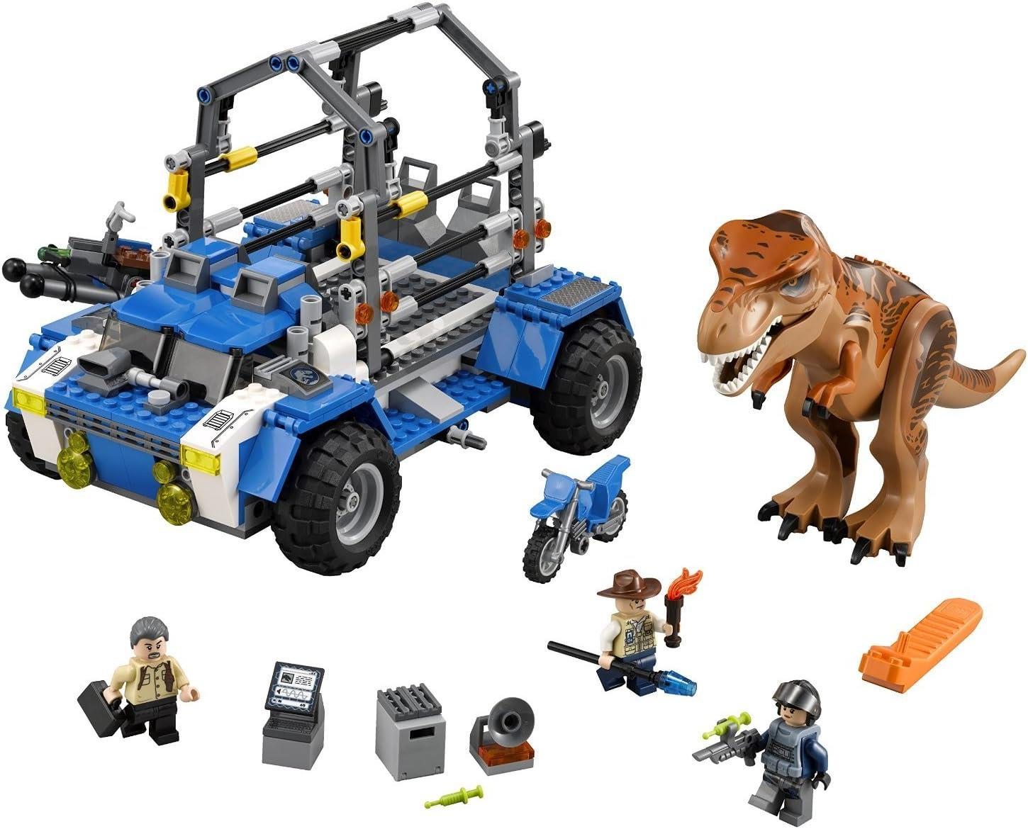 Dinozor figürleri, motosiklet ve aksesuarları olan mavi Lego aracı.