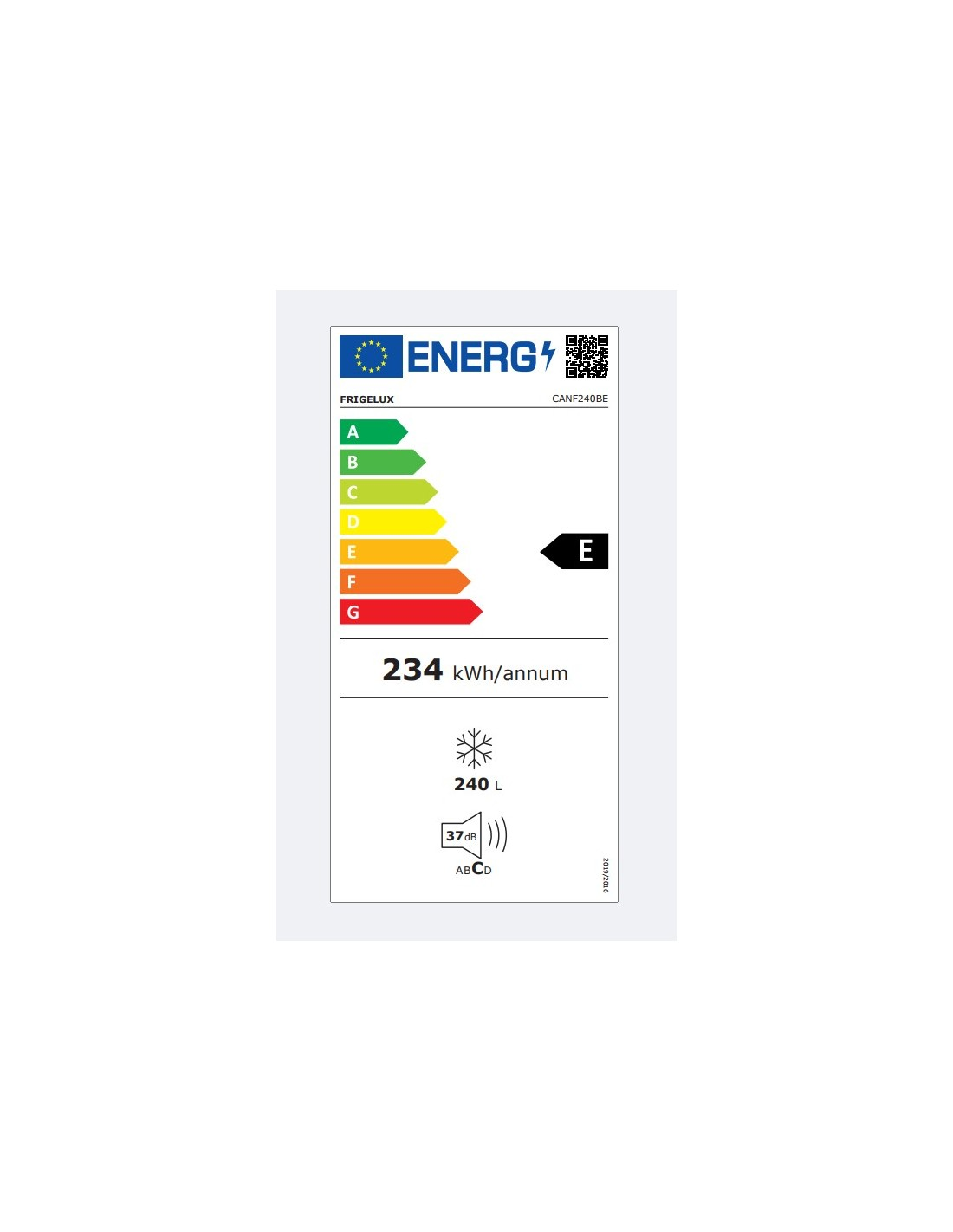 Etiqueta energética FrigeluX: Clase E, 234 kWh/año, capacidad 240 L, 37 dB.