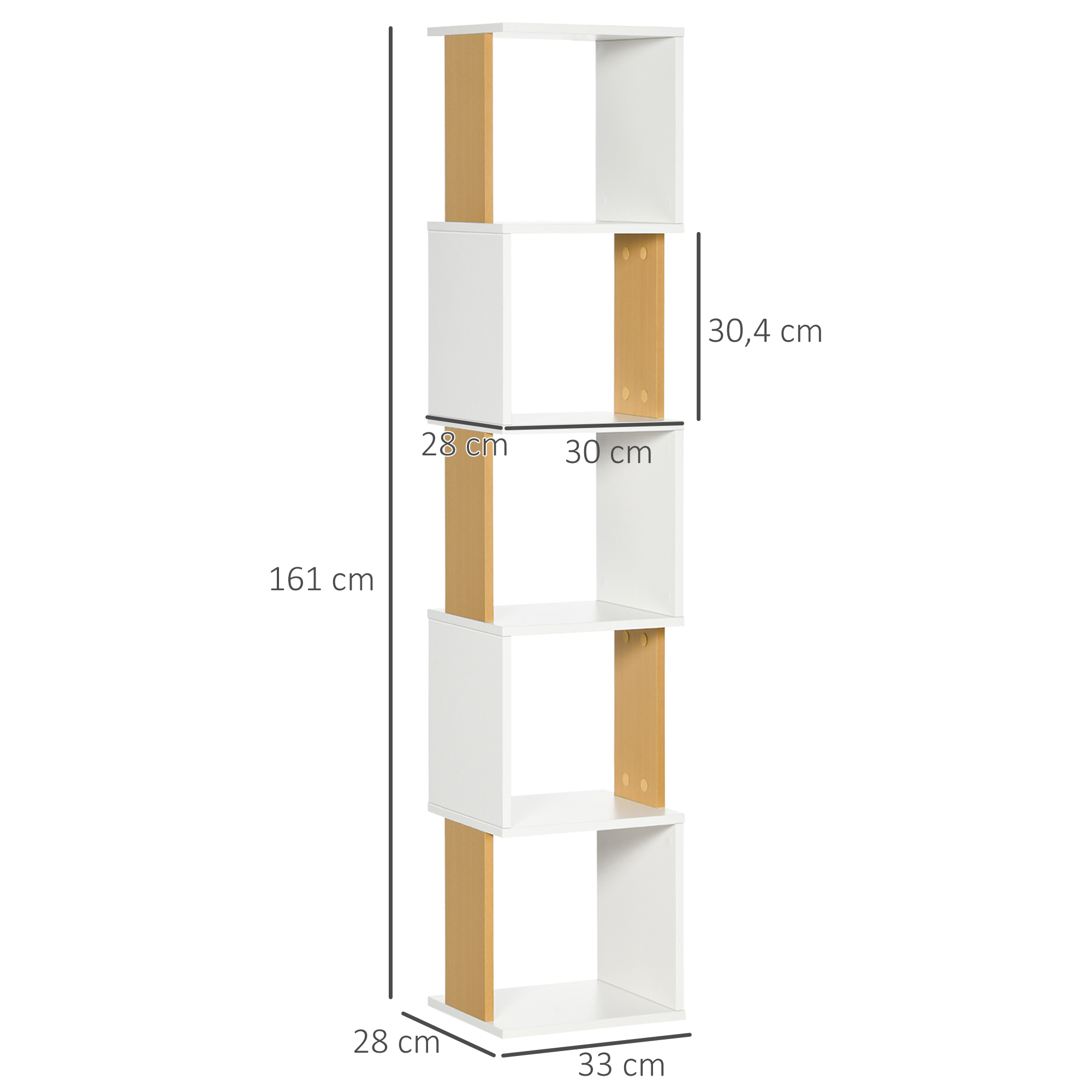 Una estantería blanca con detalles en madera, 161 cm de alto y 33 cm de ancho.
