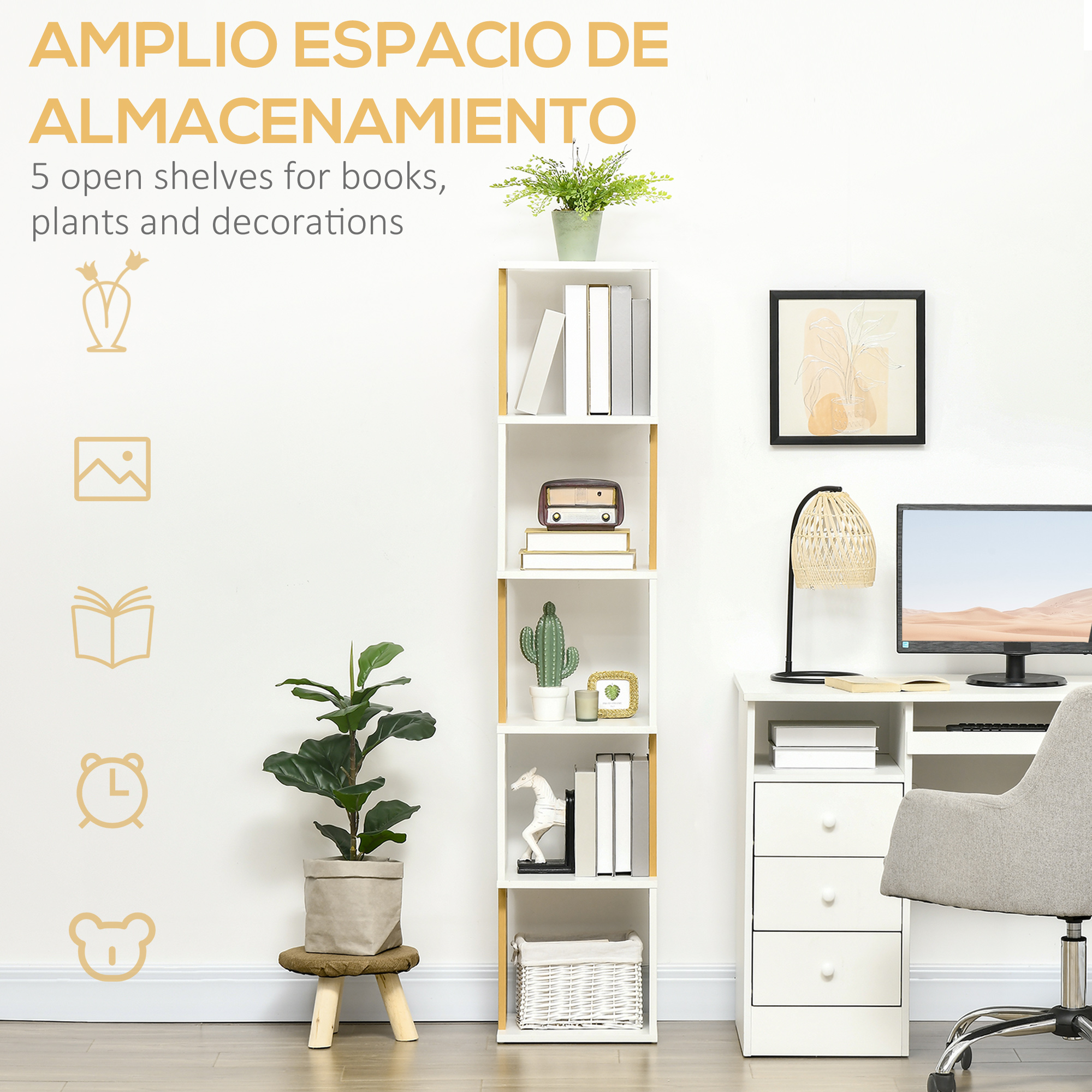 Una estantería blanca con libros, plantas y decoración junto a un escritorio.