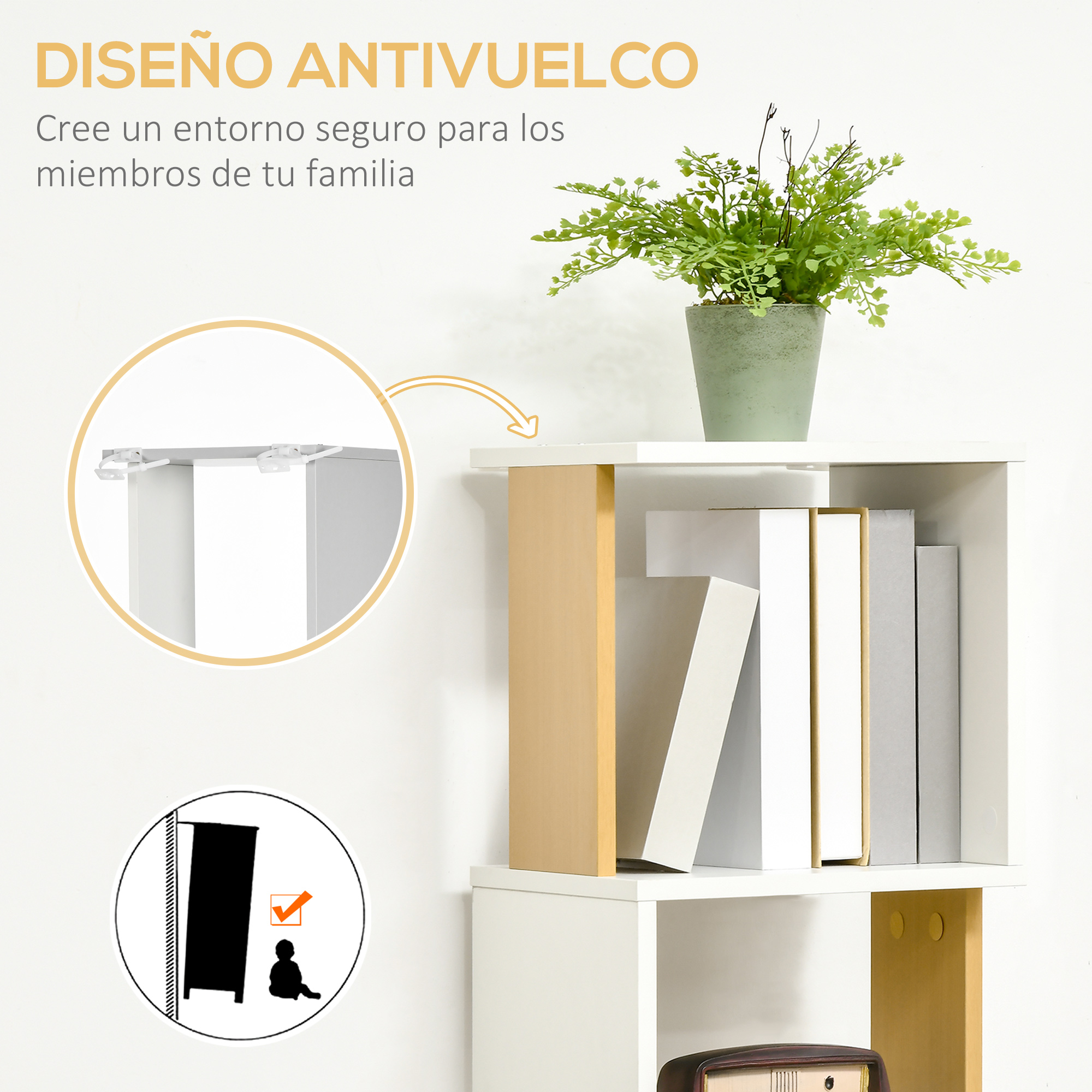 Un estante blanco con libros, una planta e información de seguridad.