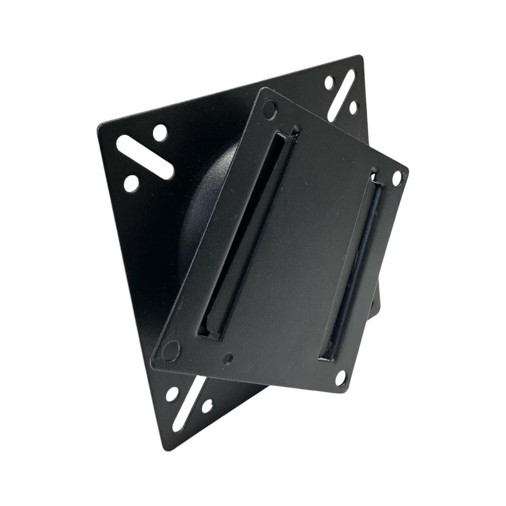 Vidalı delikleri ve merkezi mafsalı olan siyah metal VESA montaj aparatı.