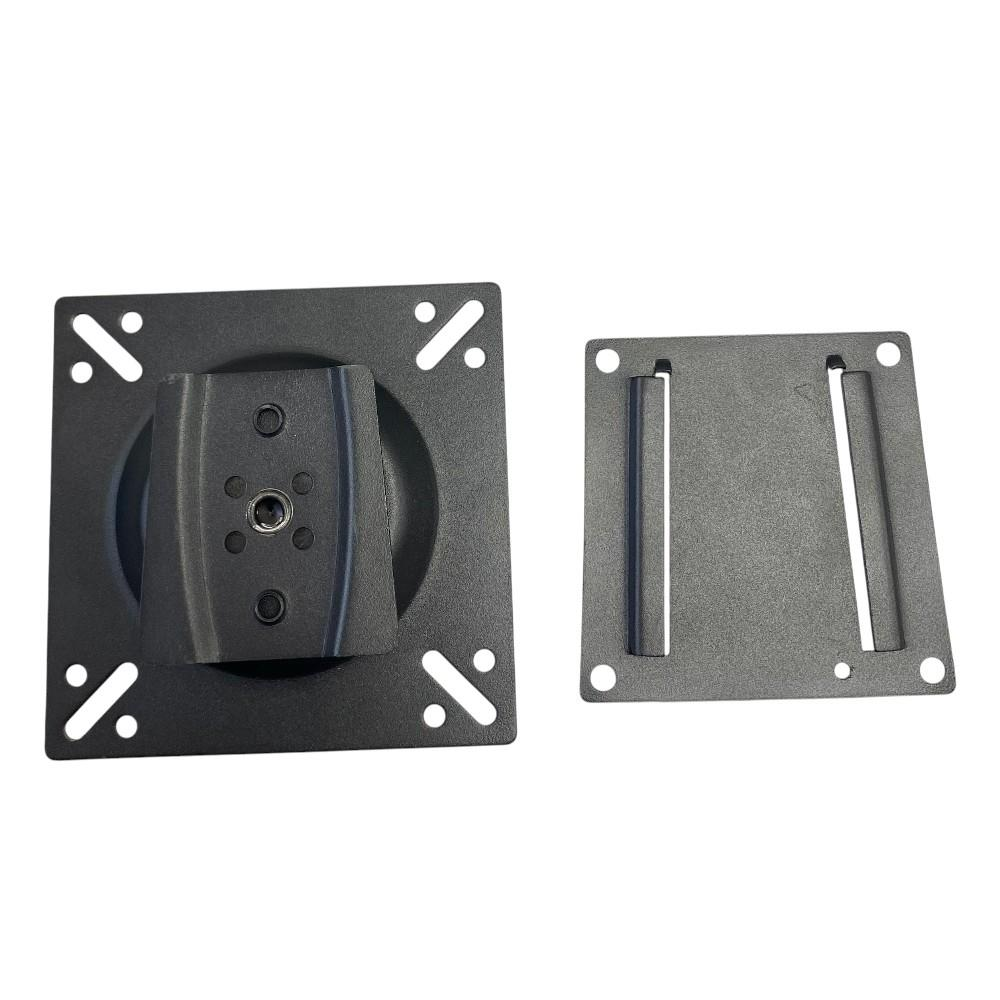 Monitör montajları için iki siyah metal plaka, beyaz arka plan.