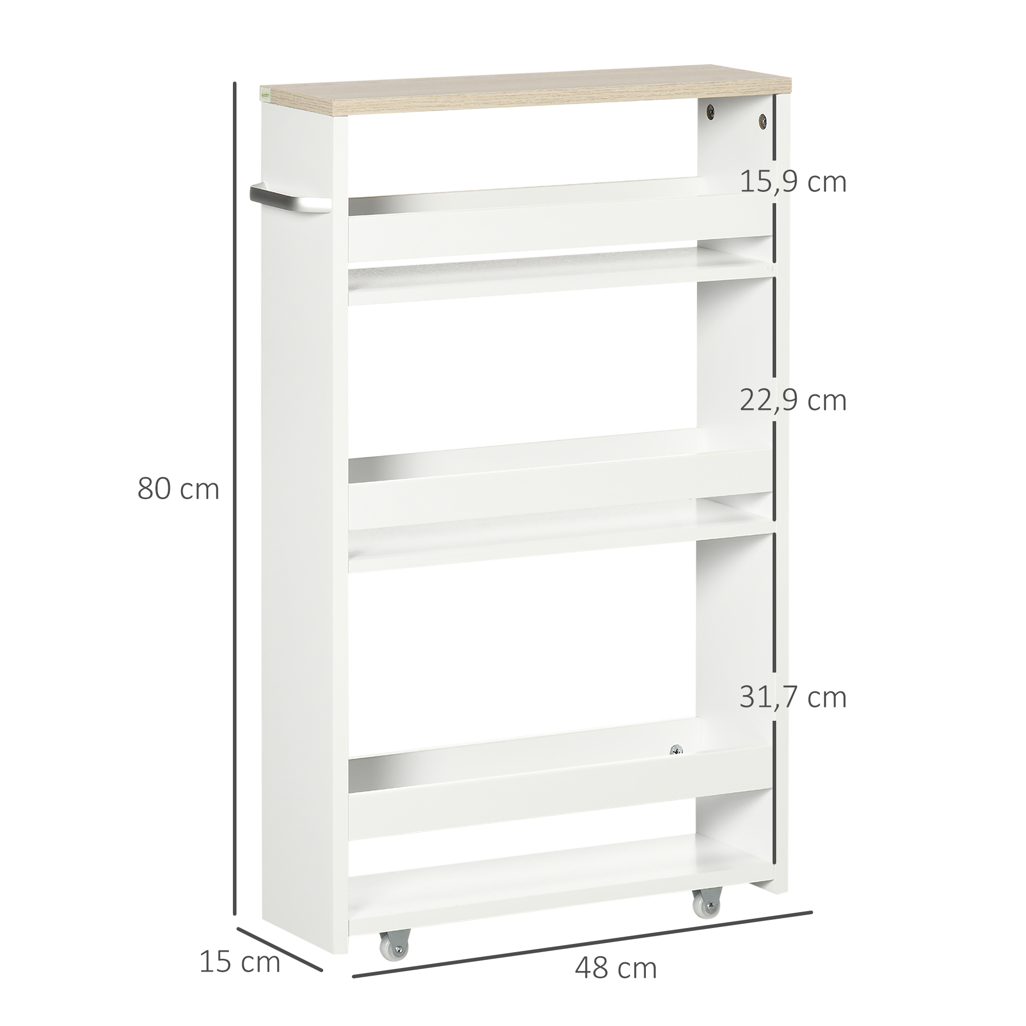 Carrito rodante blanco estrecho con tapa de madera, cuatro estantes y asa plateada.