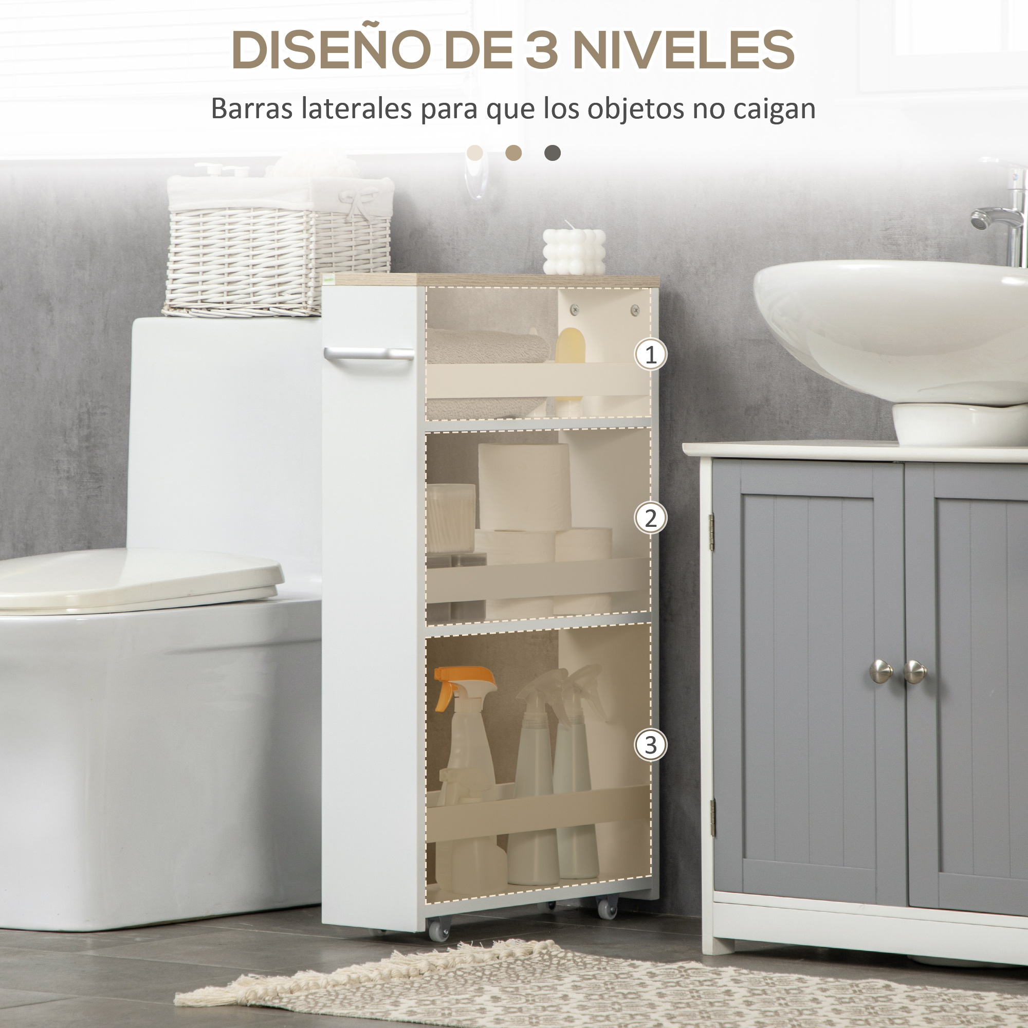 Un estrecho carrito de baño blanco con tres estantes junto a un inodoro.