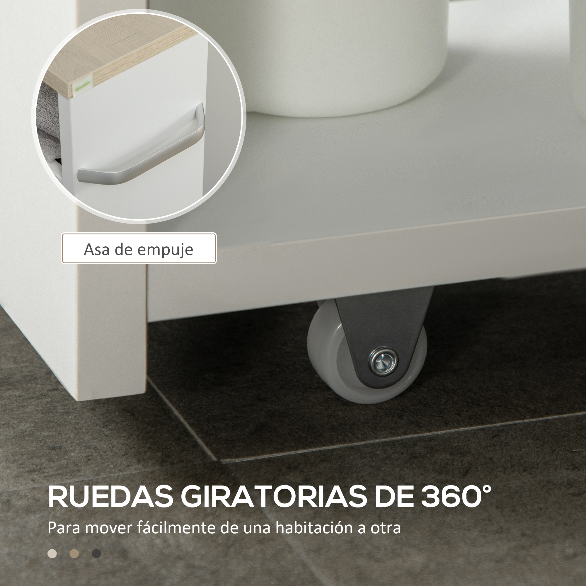 Un carrito blanco con asa plateada y ruedas grises sobre suelo oscuro.