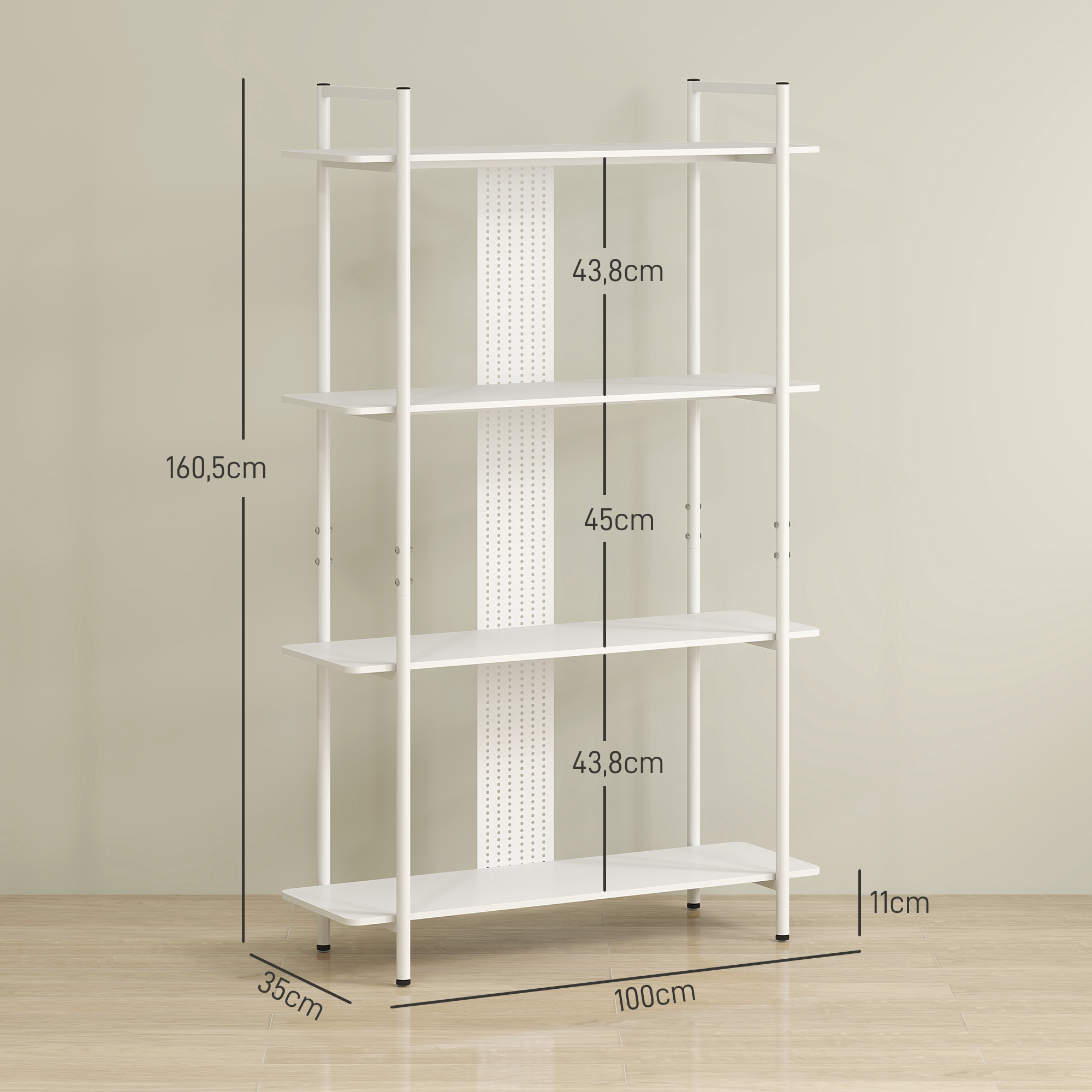 Un estante blanco de cuatro niveles, mide 160,5x100x35cm. Se muestran las dimensiones.