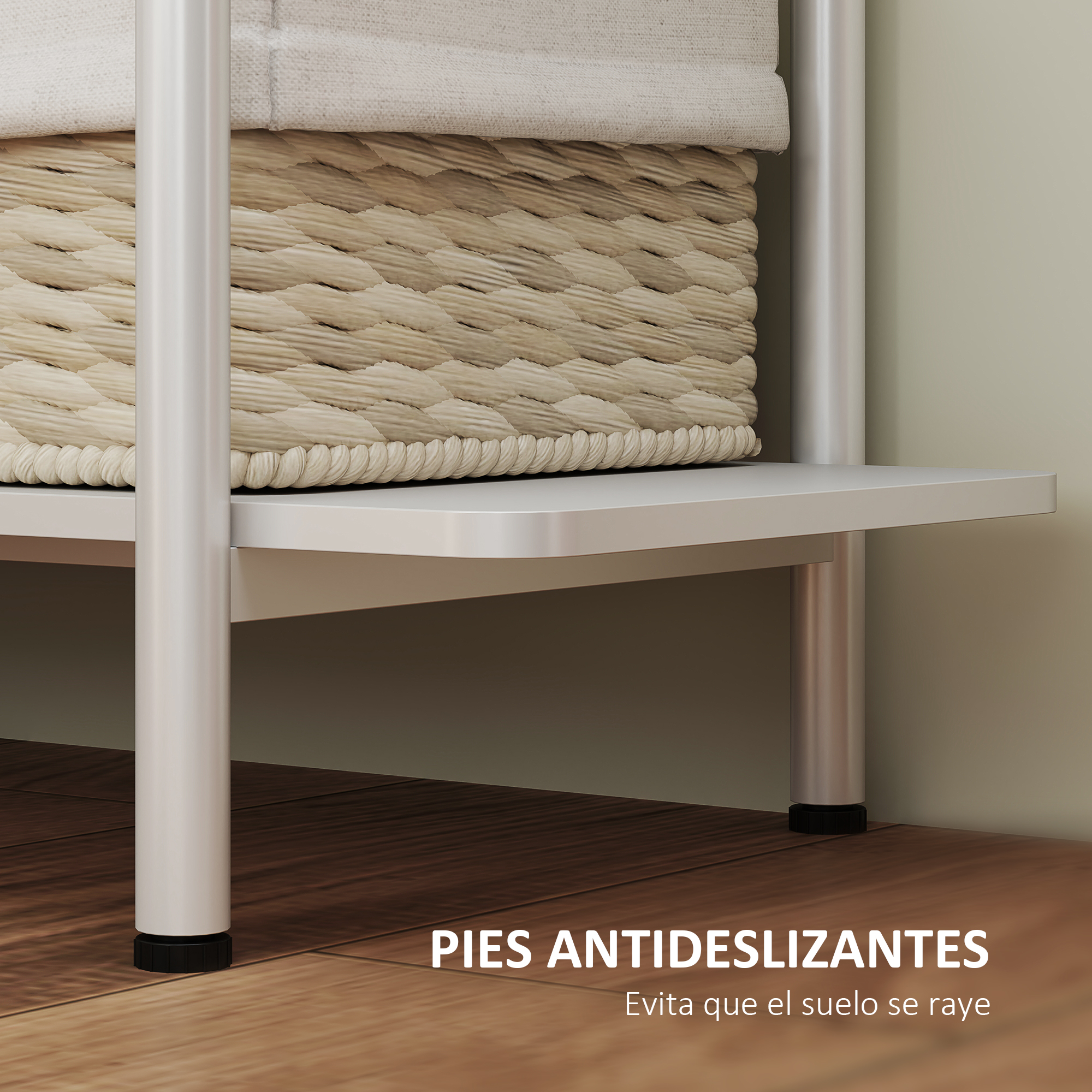 Una cesta en un estante, con texto "Pies Antideslizantes".