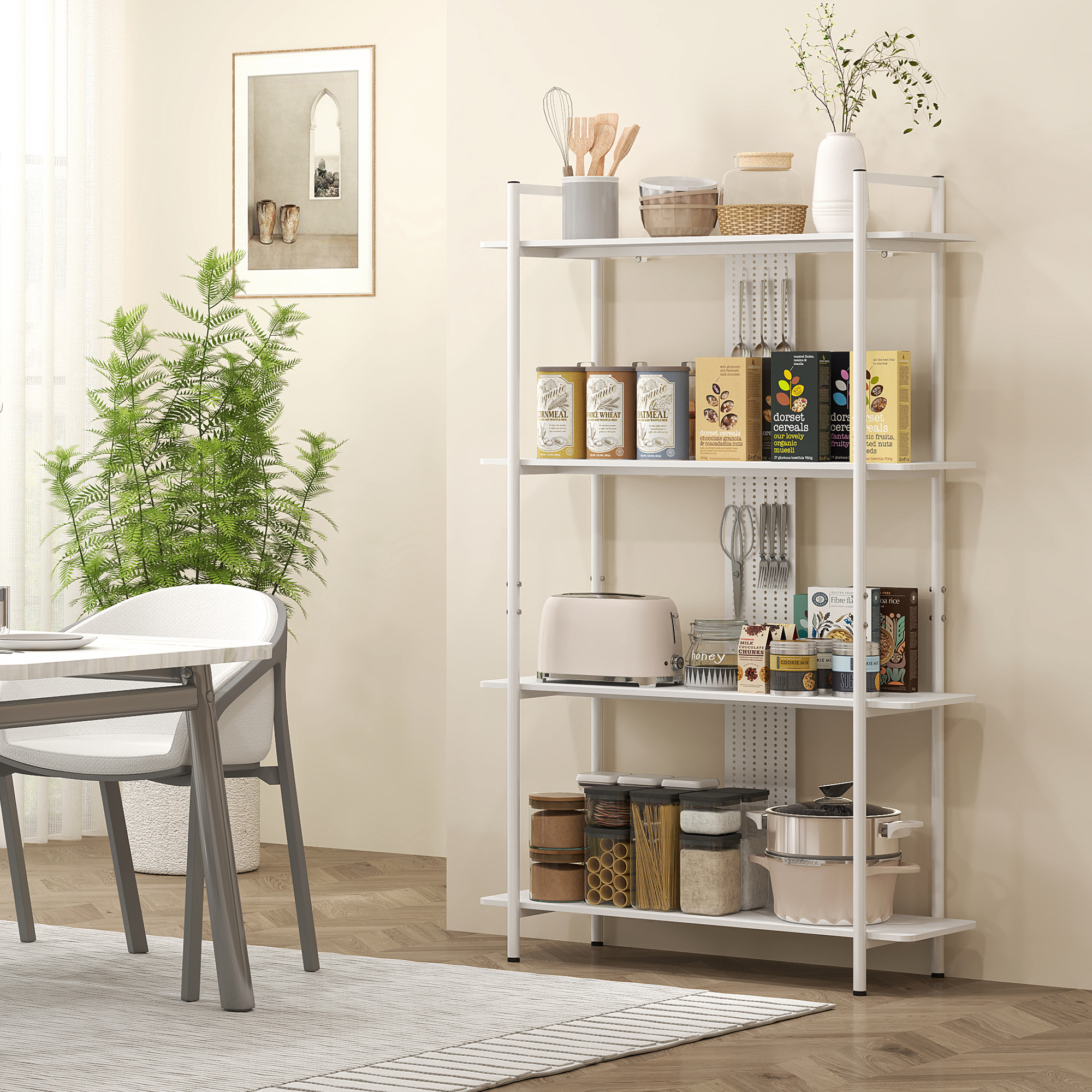 Un estante blanco de cocina tiene varios alimentos, utensilios y decoración. Se ven una tostadora, frascos y cajas de cereal.