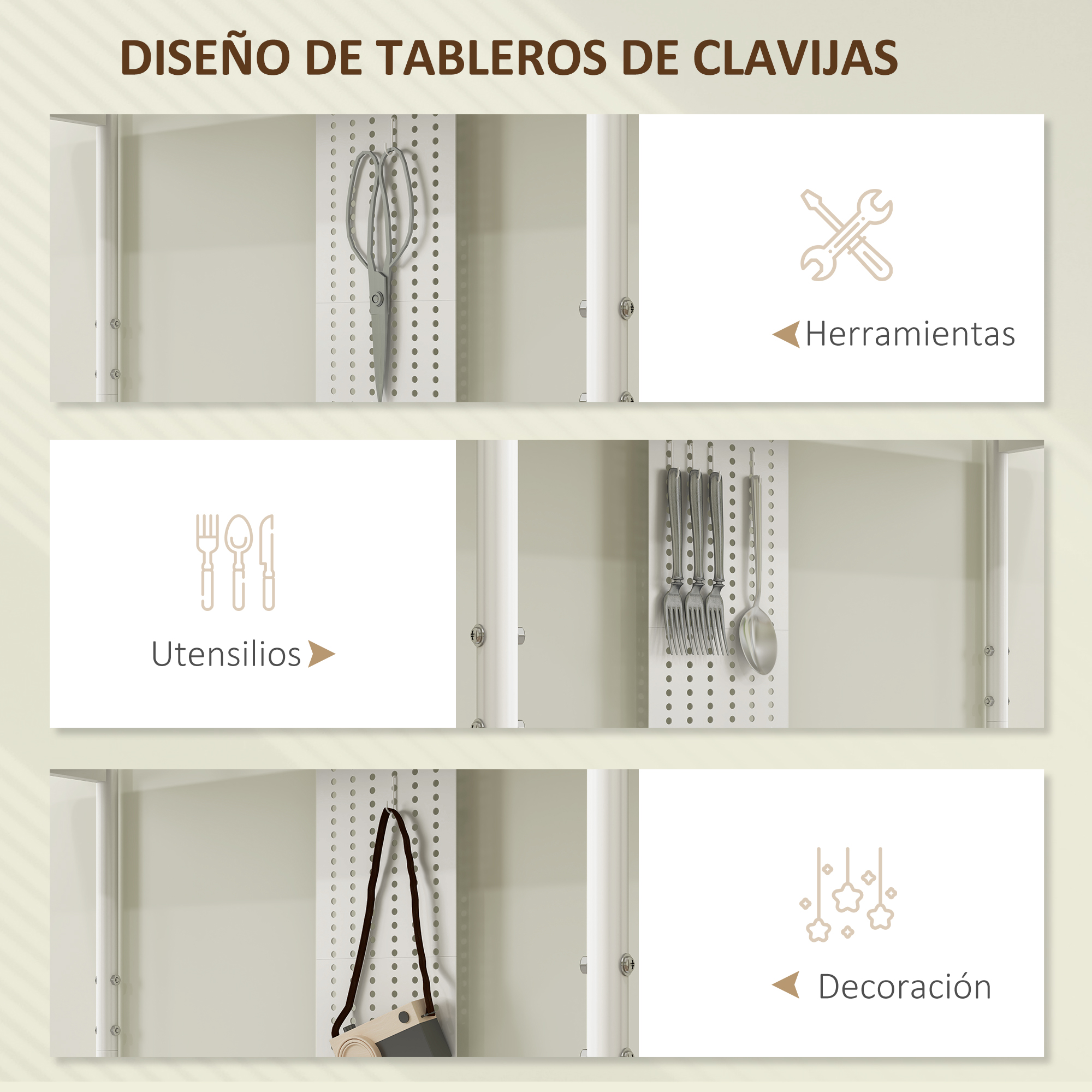 Paneles perforados blancos que muestran herramientas, utensilios y decoración.