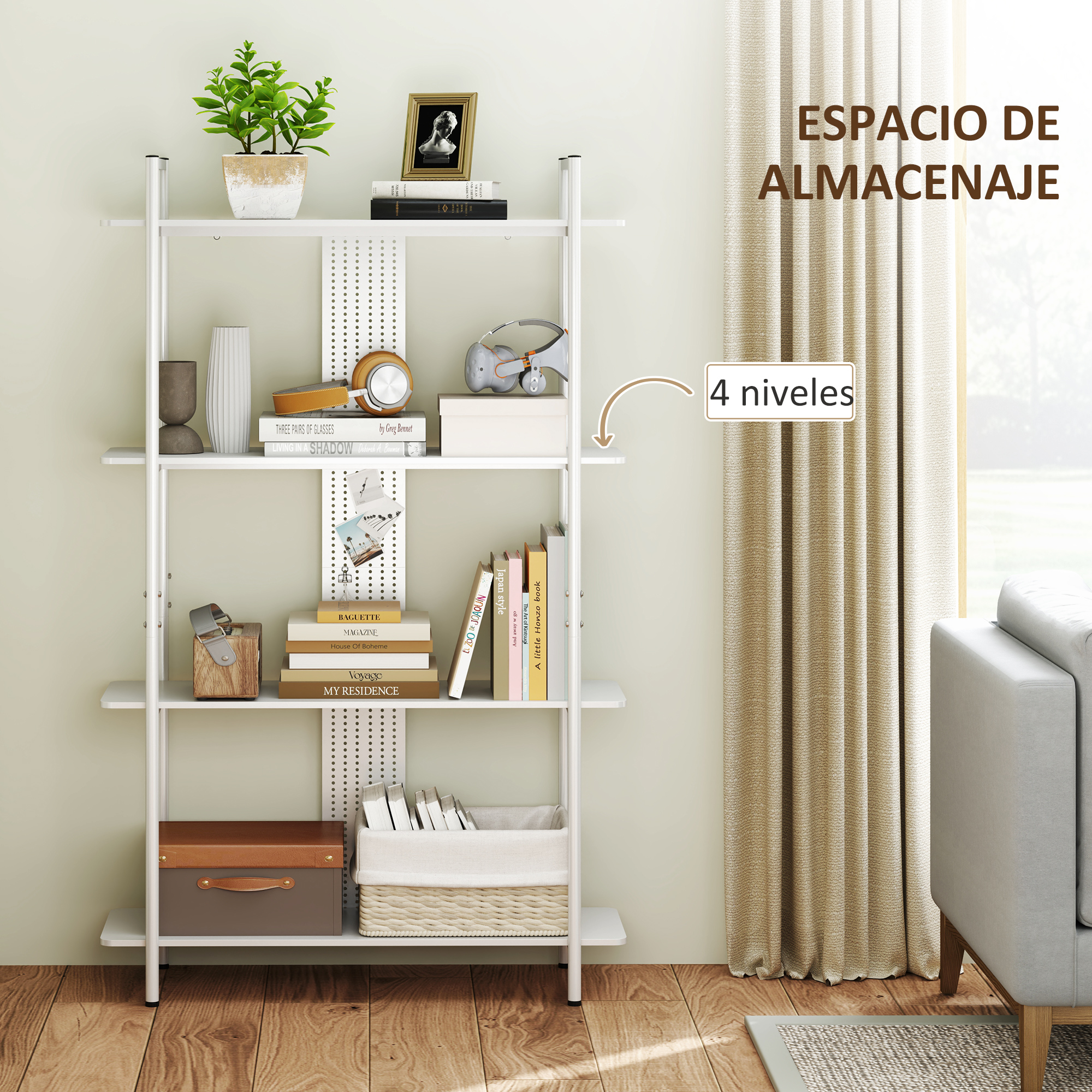 Estantería blanca con libros, plantas y objetos decorativos. Texto en español.
