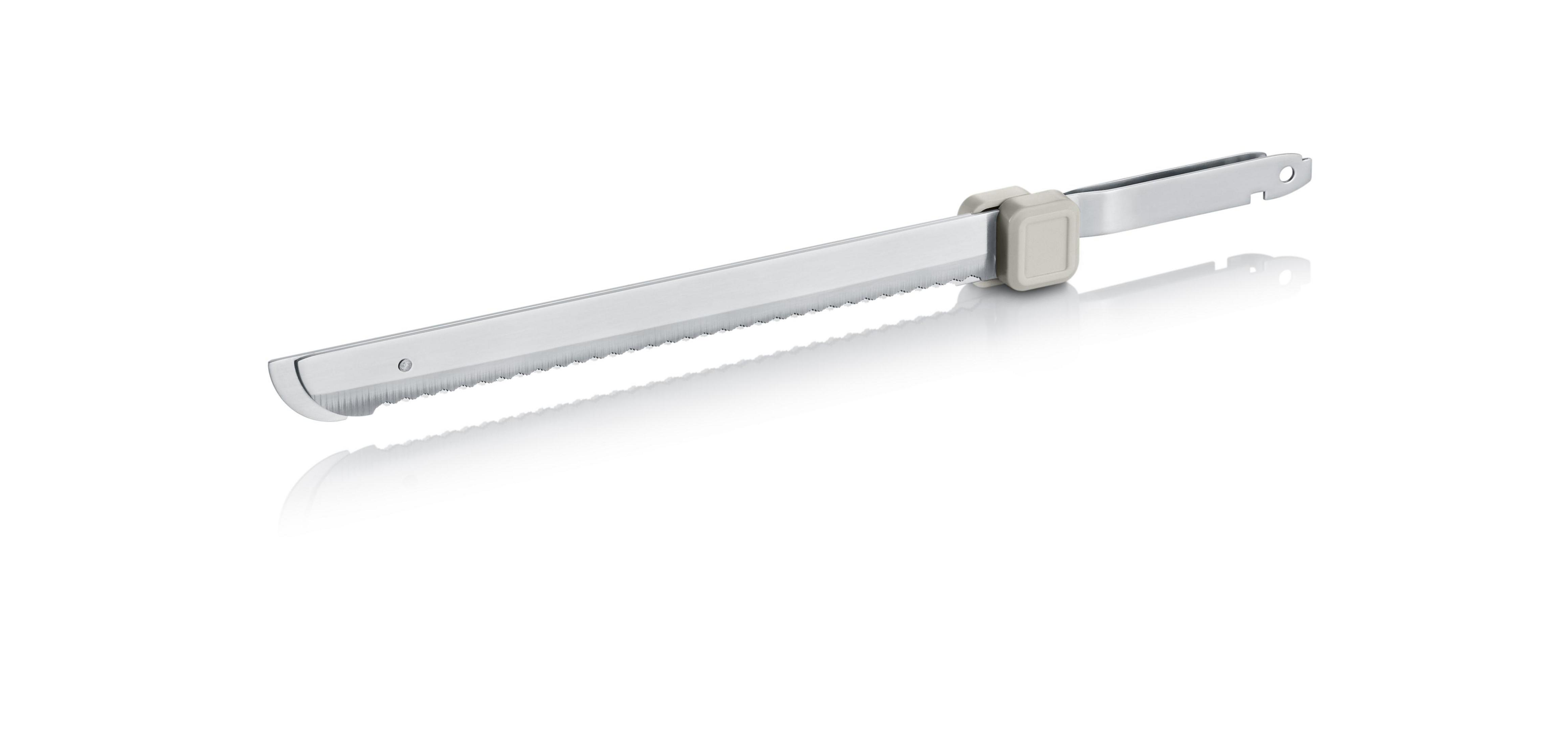 Srebrny nóż do chleba z ząbkowanym ostrzem i szarym uchwytem.