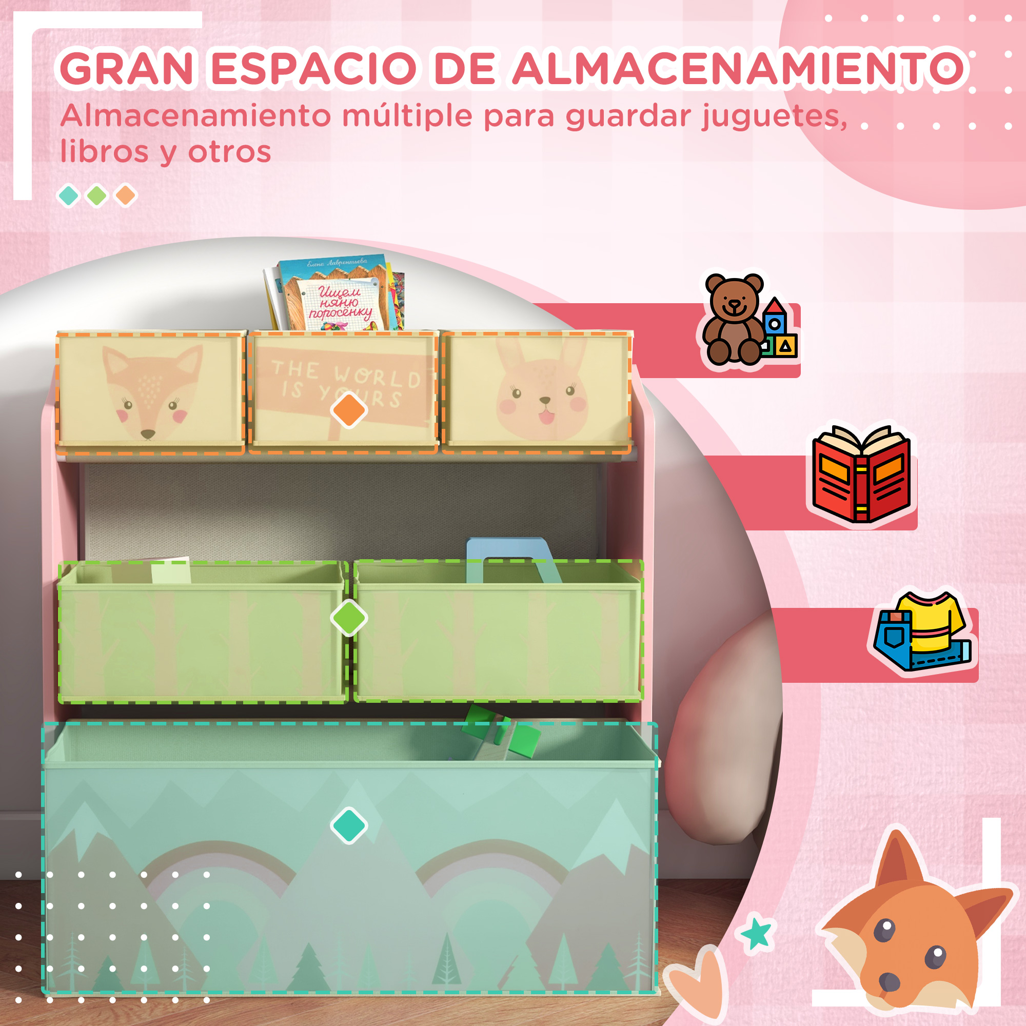 Un organizador de almacenamiento multinivel con cajones para juguetes.