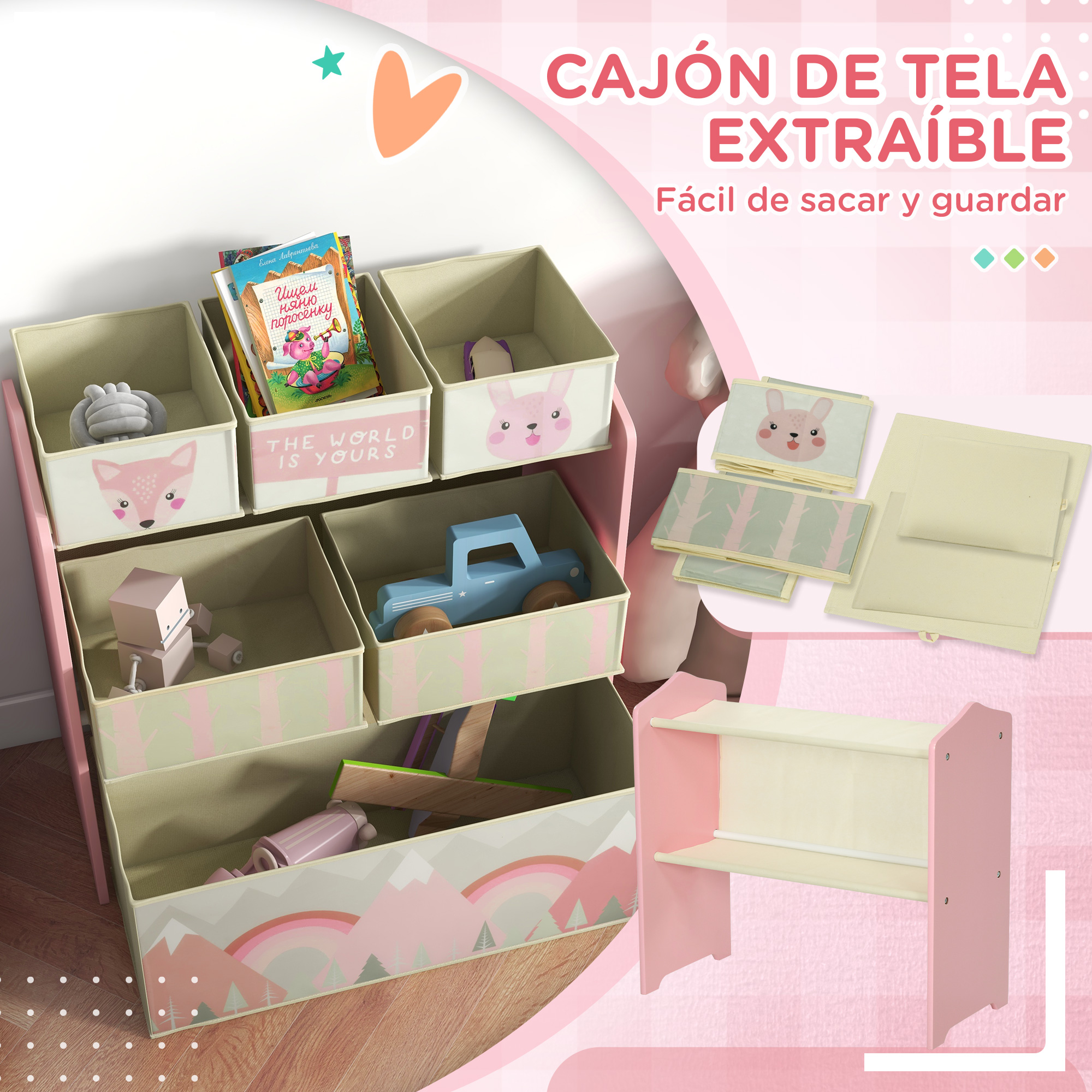 Un estante de tela rosa con compartimentos llenos de juguetes y libros.