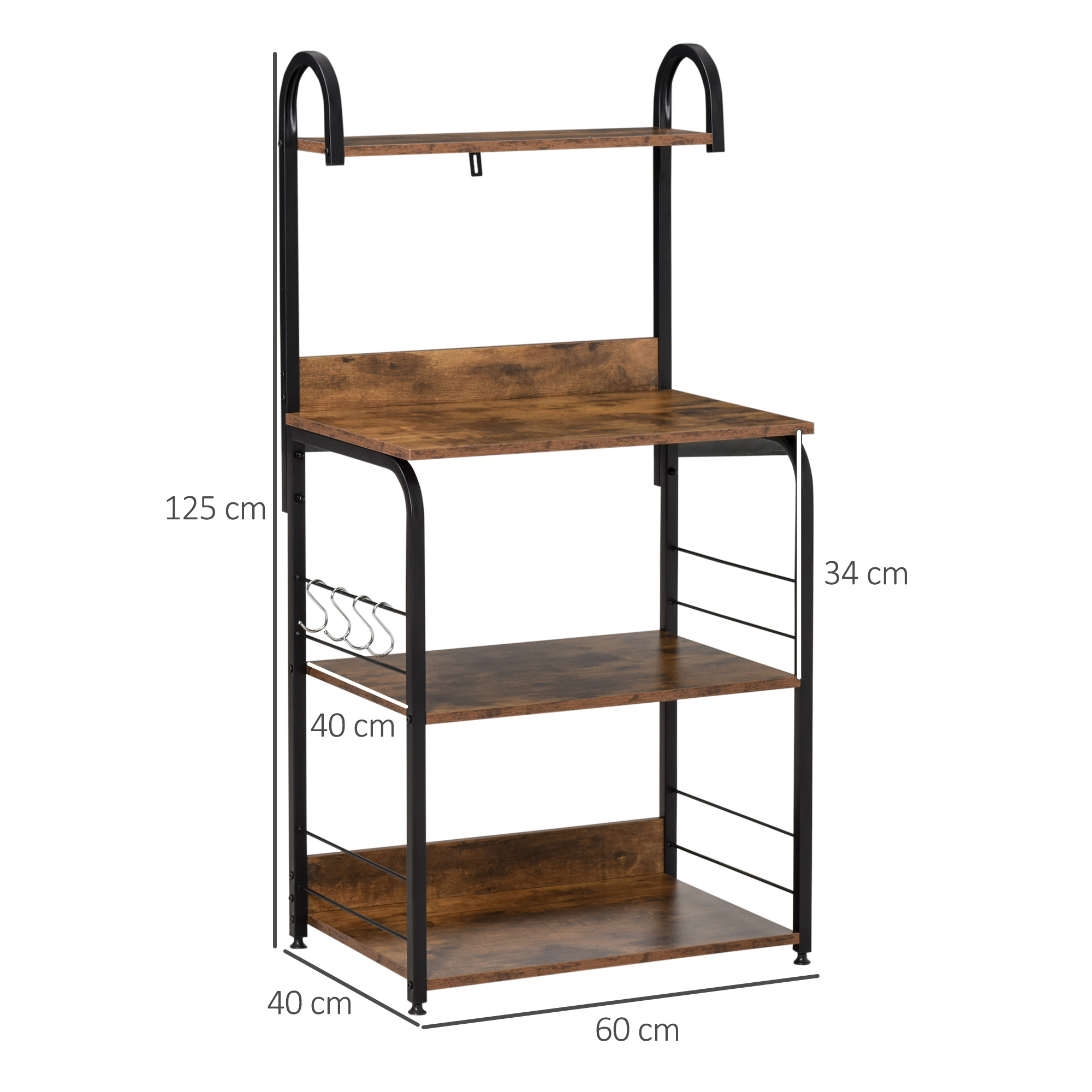 Estantería de madera con marco metálico negro, cuatro niveles y ganchos. Dimensiones.