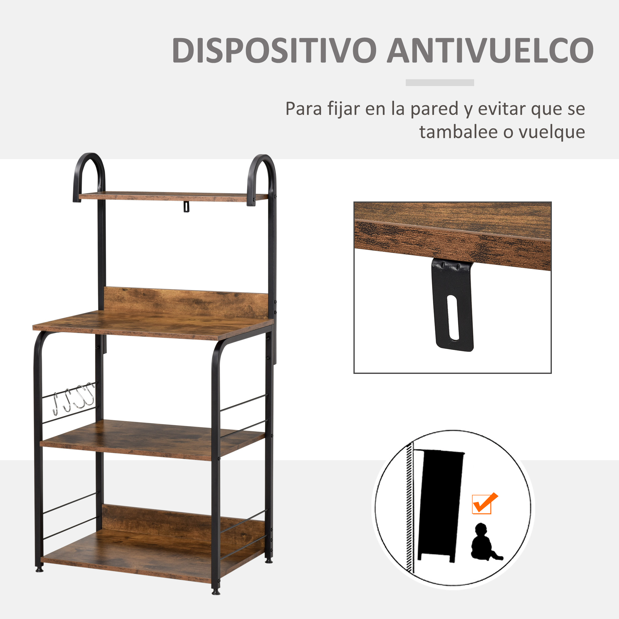 Un estante de madera con marco de metal negro y ganchos. Incluye anclaje a pared.
