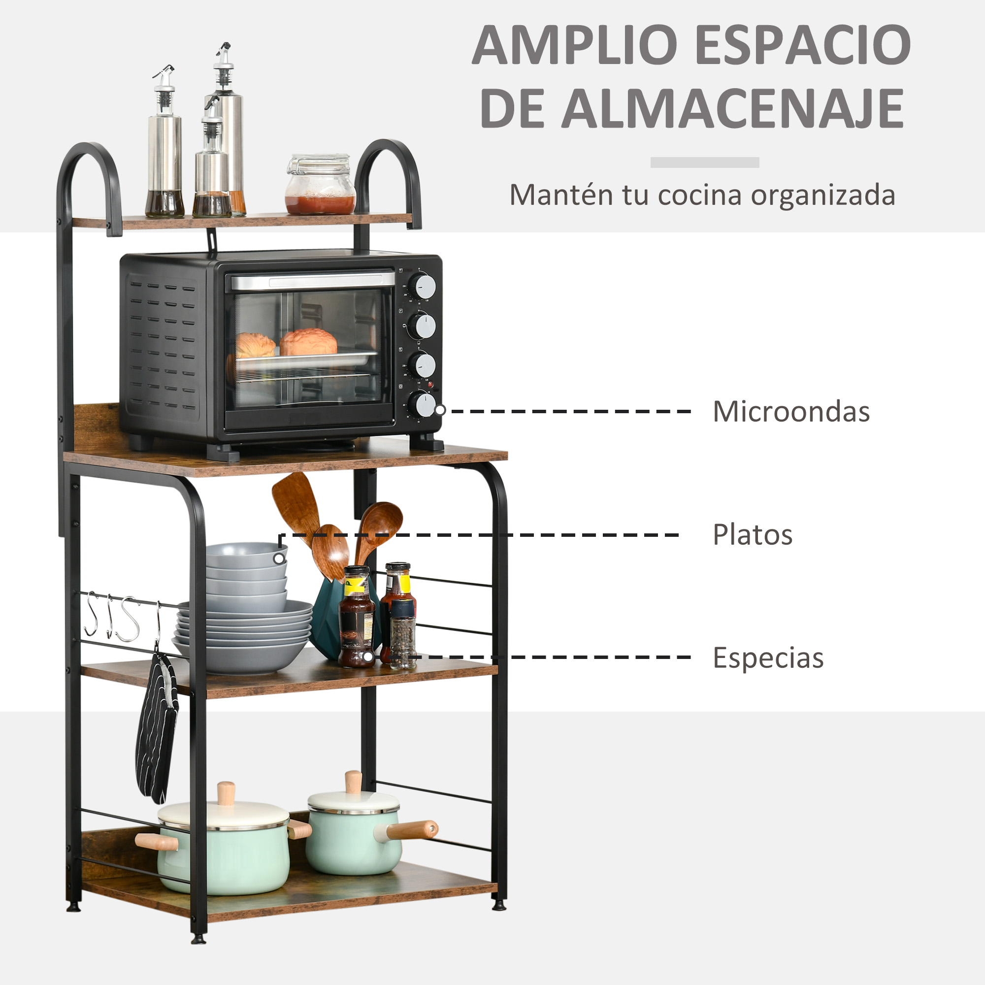 Un estante de cocina con microondas, platos, ollas y especias.